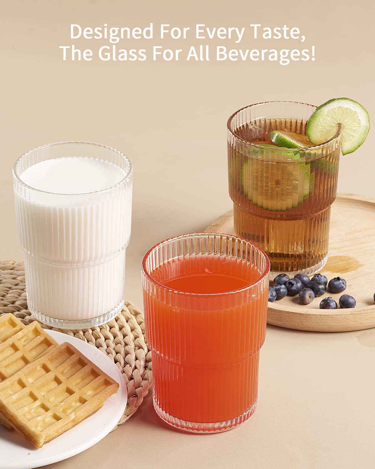 14 Oz Ribbed Drinking Glasses Set of 6 - Vintage Ripple Glass Cups for Iced Coffee, Cocktails & Water | Durable Fluted Glassware for Home Bar, Restaurant & Party Use