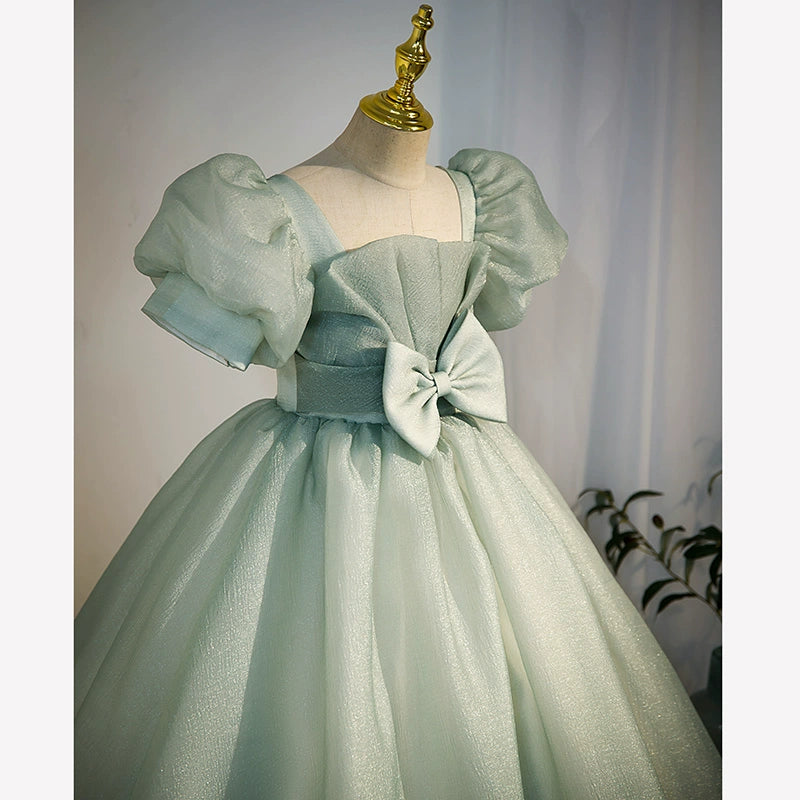Sage Green Princess Square Neck Floor Length Tulle Flower Girl Dress - Perfect for Weddings, Pageants & Special Occasions