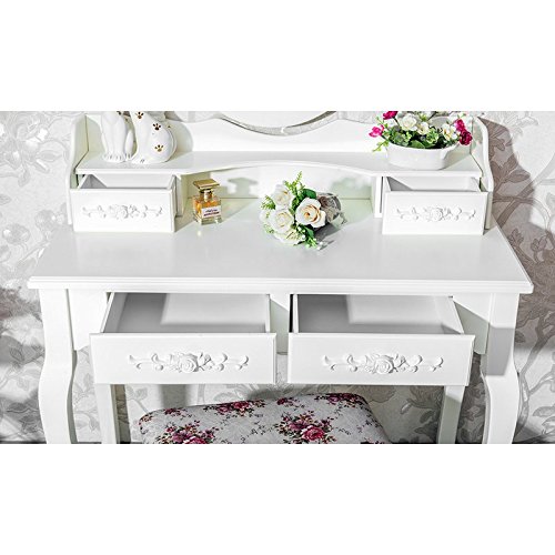 White Vanity Makeup Table with Stool Set - Wooden Rotating Mirror Dresser & Writing Desk 2-in-1, Storage Drawers & Cushioned Bench | Perfect for Bedroom, Dressing Room & Home Office Organization
