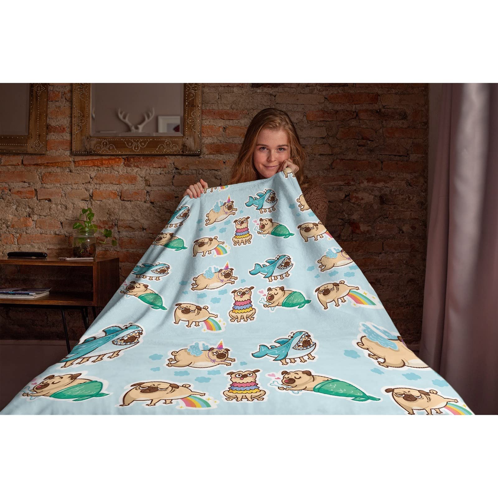 Funny Pug Dog Blanket - Oversized 120x90 Inch Microplush Fleece Throw - All Season Lightweight & Warm for Fall, Winter, Spring - Perfect for Couch, Bed, Sofa - Cozy Home Decor & Gift Idea for Dog Lovers