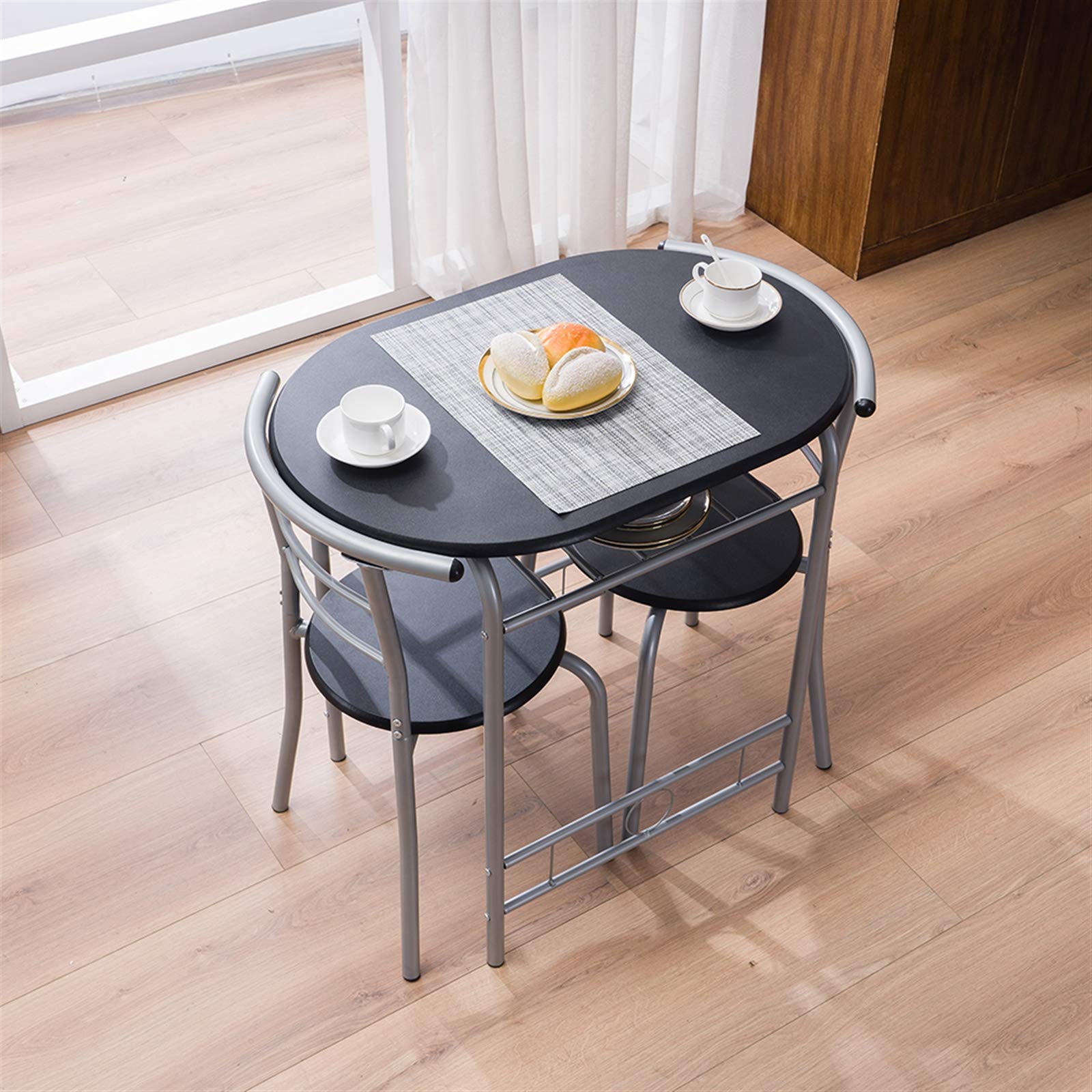 Modern Black Wood 3-Piece Dining Table Set with 2 Stools - Contemporary Kitchen Breakfast Table for Small Spaces, Apartments, and Compact Homes