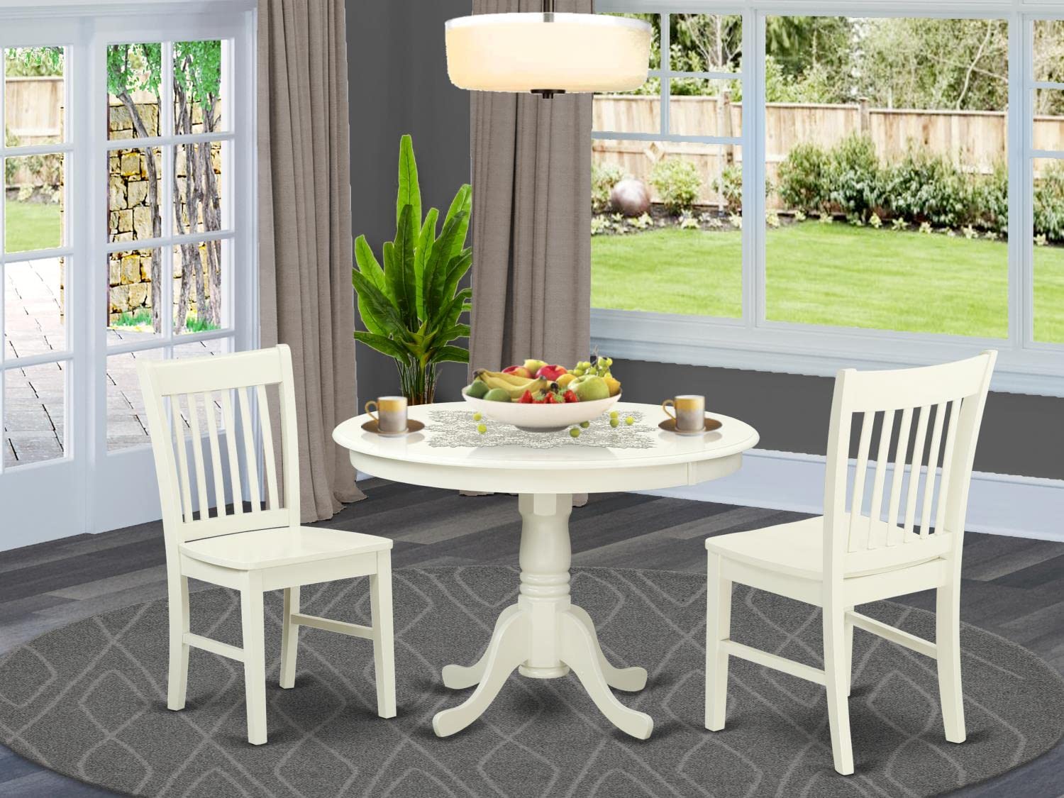 East West Furniture HLNO3-LWH-W 3-Piece Round Dinette Set for Small Spaces - 42x42 Inch Pedestal Dining Table with 2 Chairs in Linen White - Perfect for Apartments, Breakfast Nooks & Cozy Kitchens