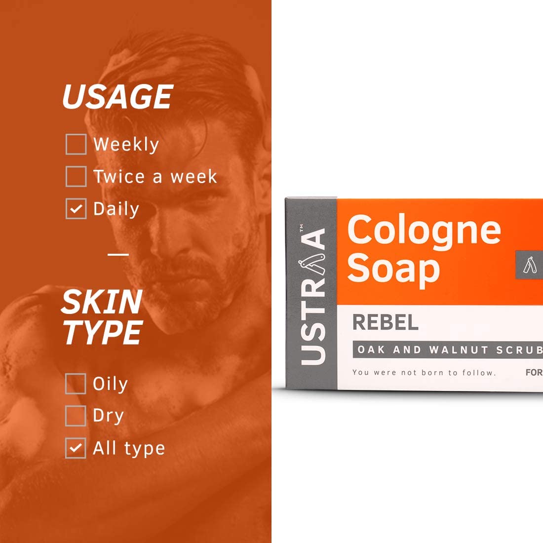 Ustraa Ammunition Cologne Soap - Charcoal & Bay Leaf Scented, 125g | Activated Charcoal Cleansing Bar | Cologne & Rebel Cologne Soap - Oak & Walnut, 125g | Gentle Exfoliation with Walnut Granules | Perfect for Men's Daily Skincare & Grooming Routine
