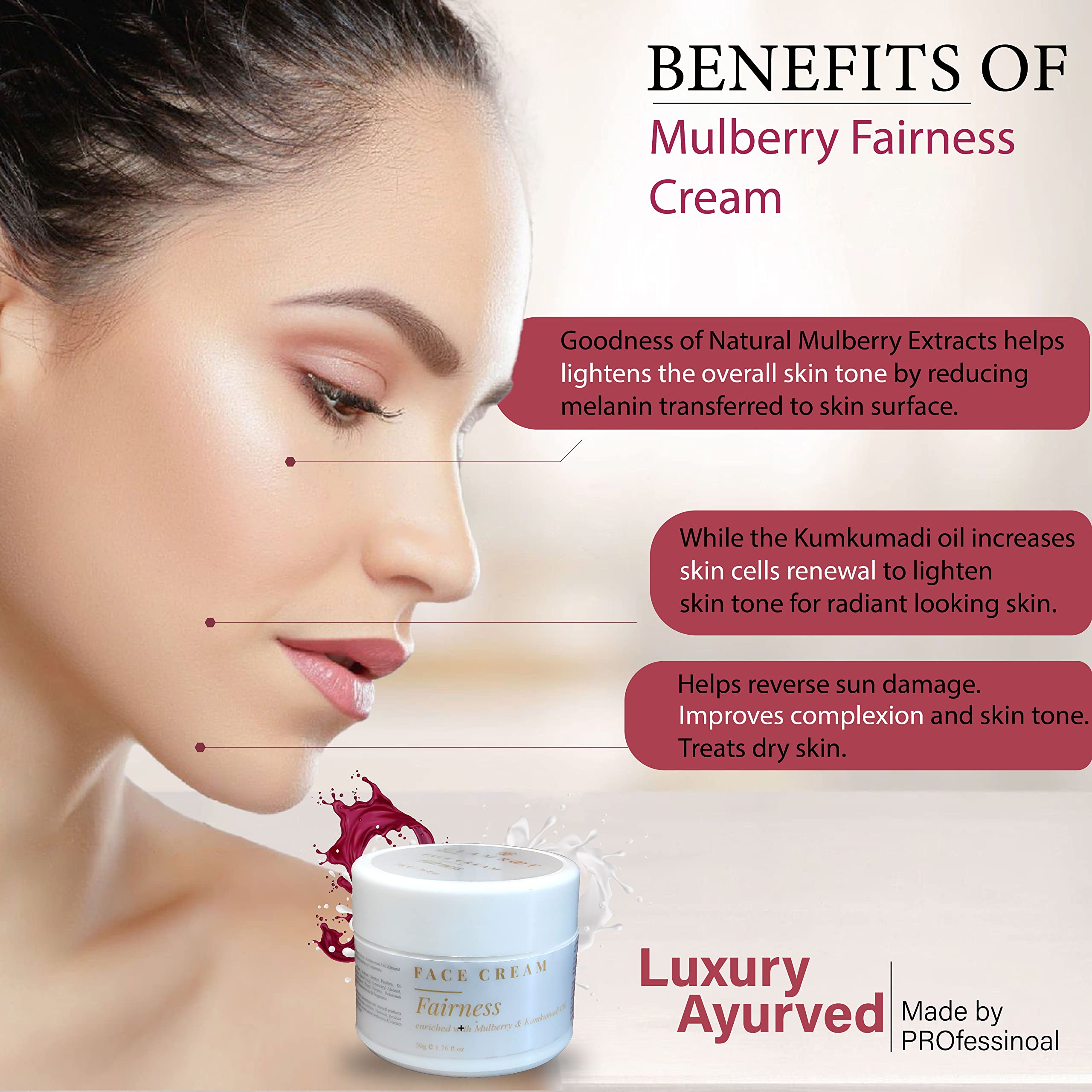 Fairness Face Cream with Mulberry Extract, Kumkumadi Oil & Almond Oil - Brightening & Hydrating Skin Care (50g) for Glowing Complexion & Even Skin Tone - Perfect for Daily Use & Night Routine