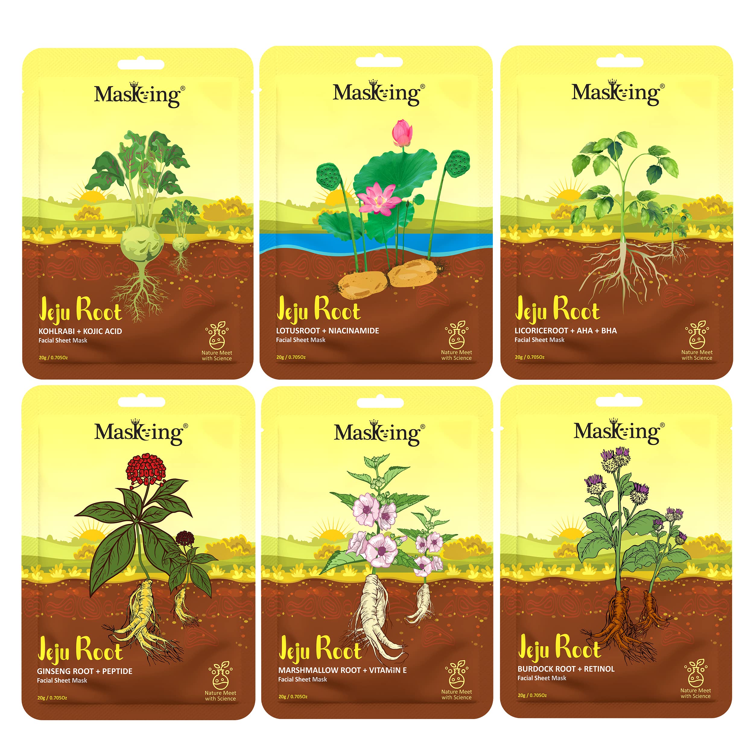 Jeju Root Facial Sheet Mask for Acne-Prone Skin - Hydrating & Softening Korean Face Mask for Women (6-Pack, 20g Each) - Perfect for Daily Skincare & Relaxation