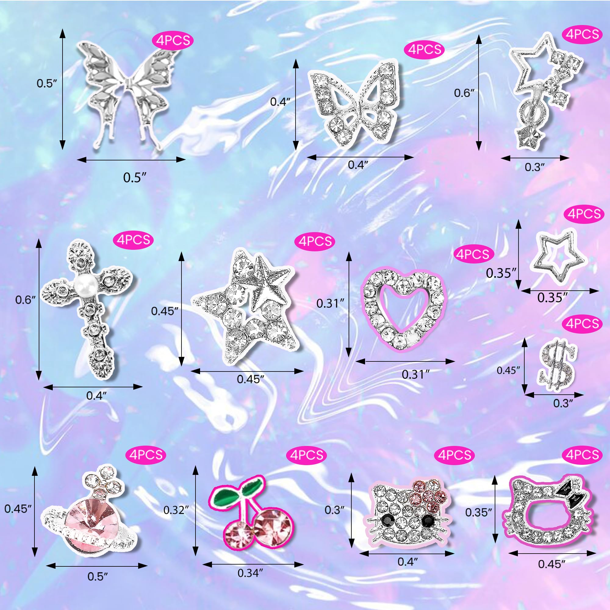 52 PCS 3D Nail Charms Set - Y2K Butterfly, Star, Cherry, Planet, Heart, Cross & Dollar Designs - Silver Chrome Rhinestones for Acrylic Nails & Nail Art - Perfect for DIY Manicures, Salon Use & Kawaii Nail Designs