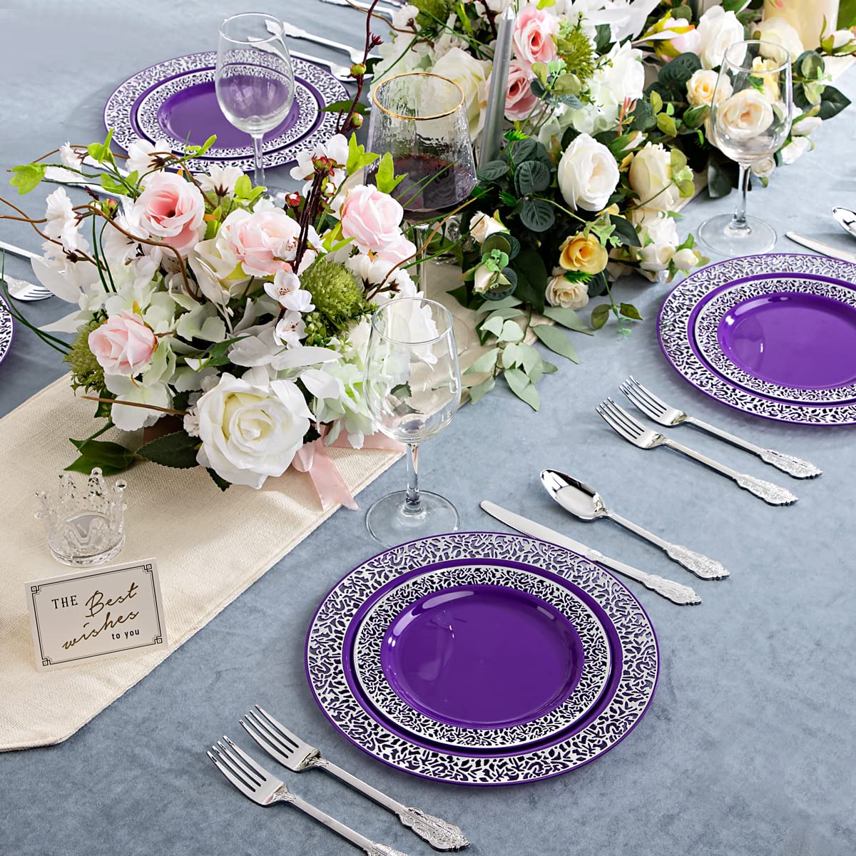 150-Piece Purple & Silver Plastic Dinnerware Set - 30 Plates (10.25