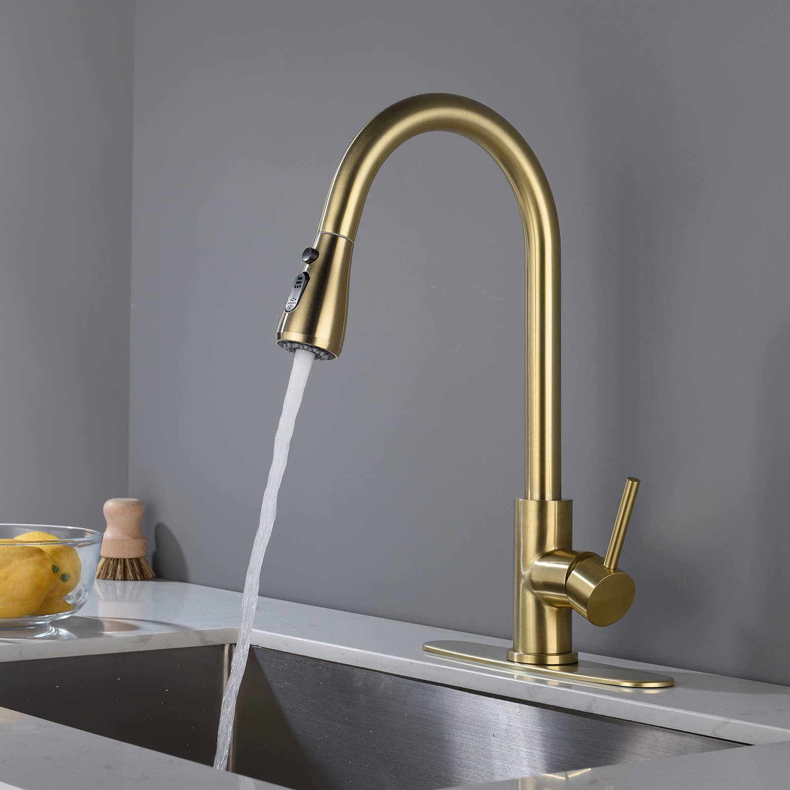 Tesmula Pull-Out Spray Kitchen Faucet - High Arc Brushed Nickel Waterfall Tap with 360° Swivel Spout for Modern Farmhouse & RV Use