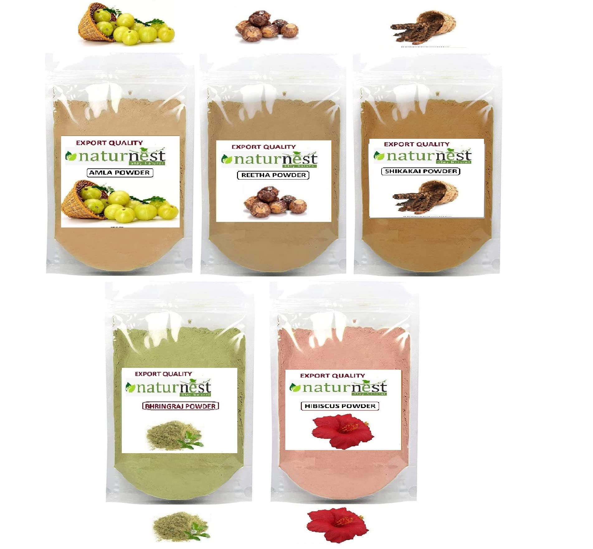 Naturenest Amla Reetha Shikakai Bhringraj Hibiscus Powder Combo Pack - 5 Herbal Hair Care Powders (100g Each) for Natural Hair Growth & Scalp Care | Ayurvedic Treatment for Dandruff, Hair Fall & Shine | DIY Hair Mask for Stronger, Healthier Locks