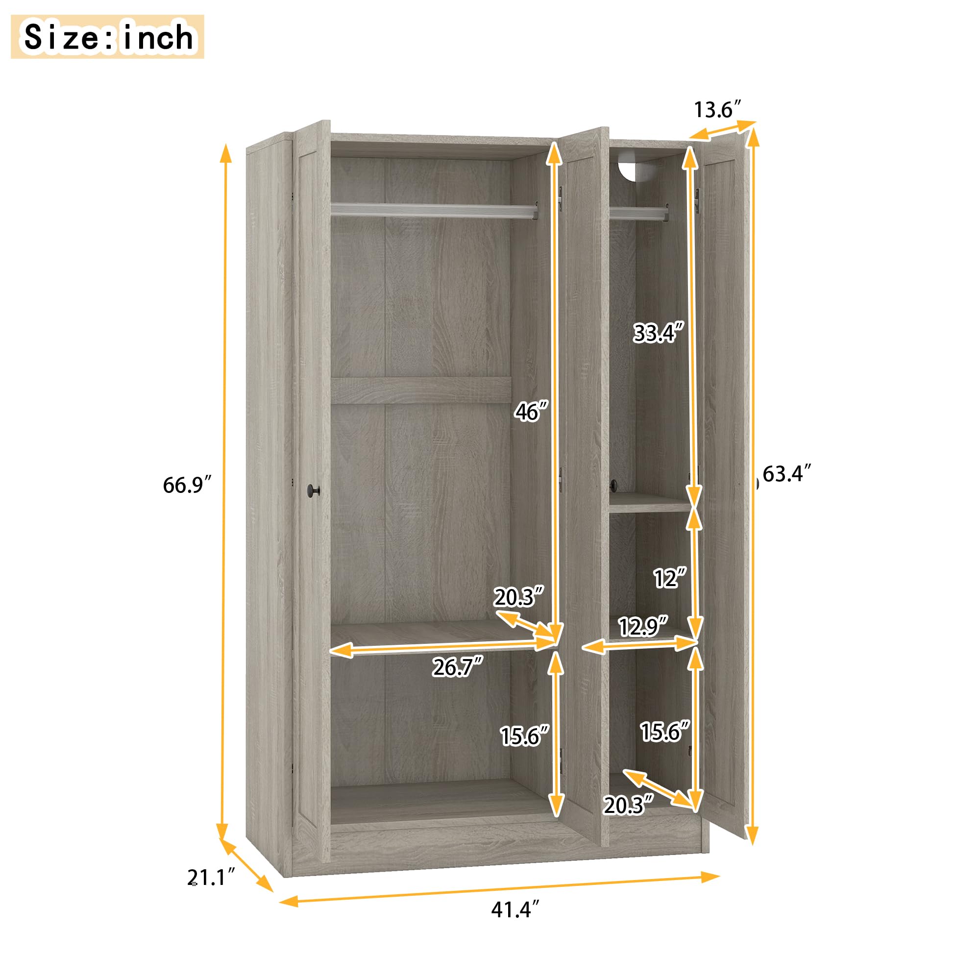 SOFTSEA 3 Door Freestanding Wardrobe Closet with Shelves & Hanging Rod - Wood Clothes Organizer Cabinet for Bedroom, Grey | Perfect for Small Spaces, Guest Rooms & Apartment Storage