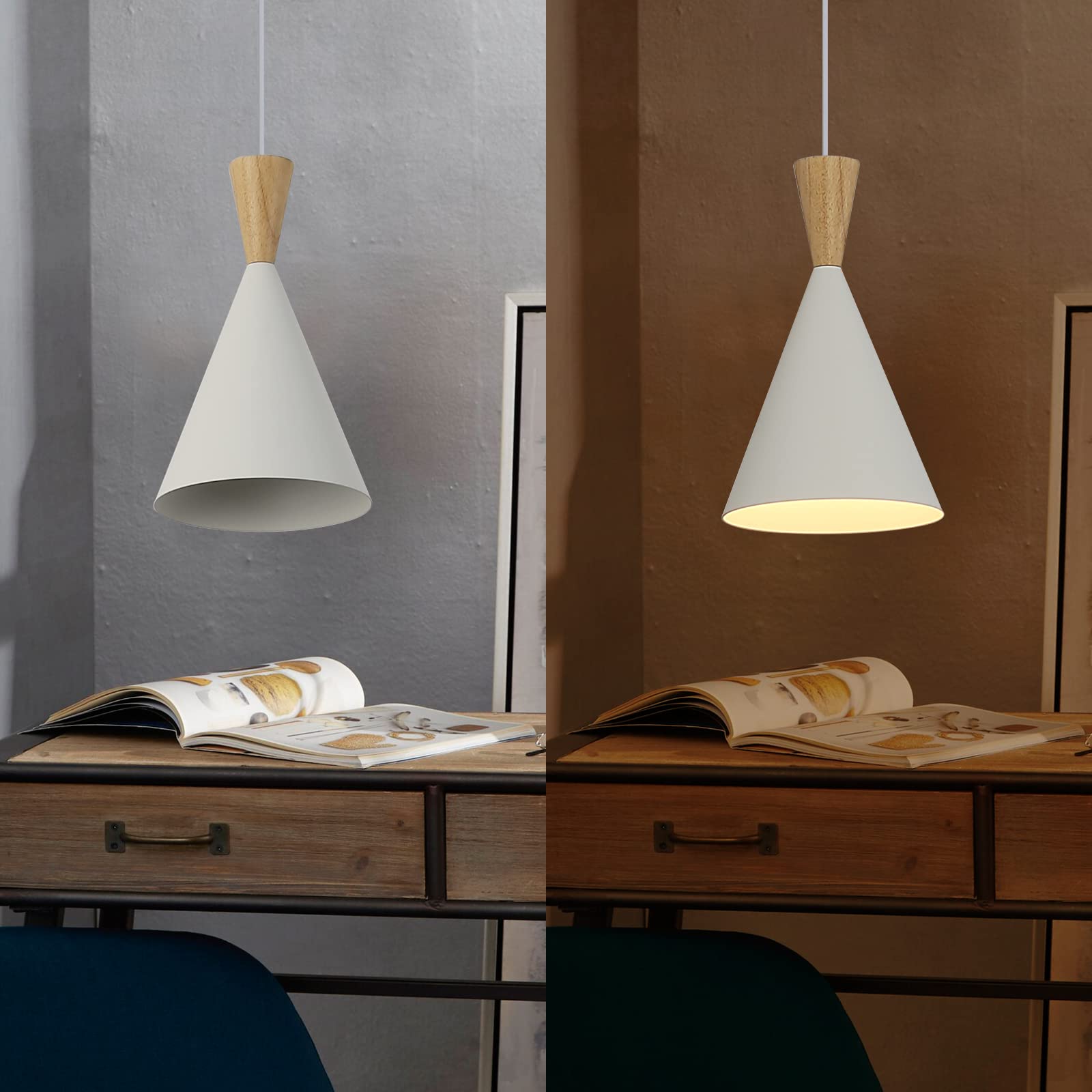 Modern White Plug-in Pendant Light Fixture with On/Off Switch - 11.5ft Adjustable Rope - Wood & Metal Design - Small Ceiling or Wall Mounted Hanging Light for Kitchen Island, Bedside, Dining Room, Living Room & Office Decor