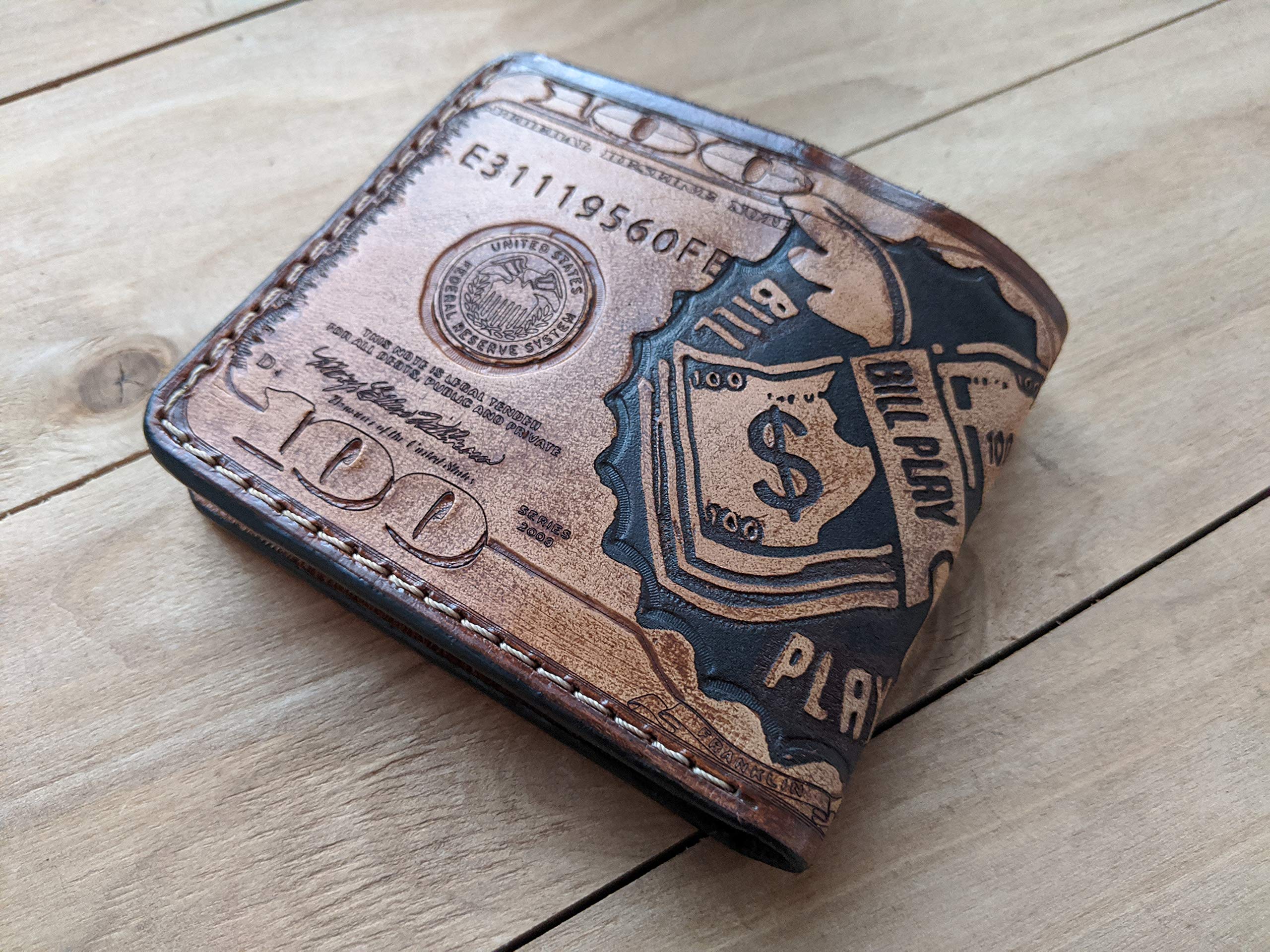 Handmade 3D Genuine Leather Wallet for Men - Custom Engraved & Hand-Painted Billfold with Unique Dollar Bill Design - Perfect Gift for Dad, Husband, Boyfriend (Birthday, Anniversary, Graduation)