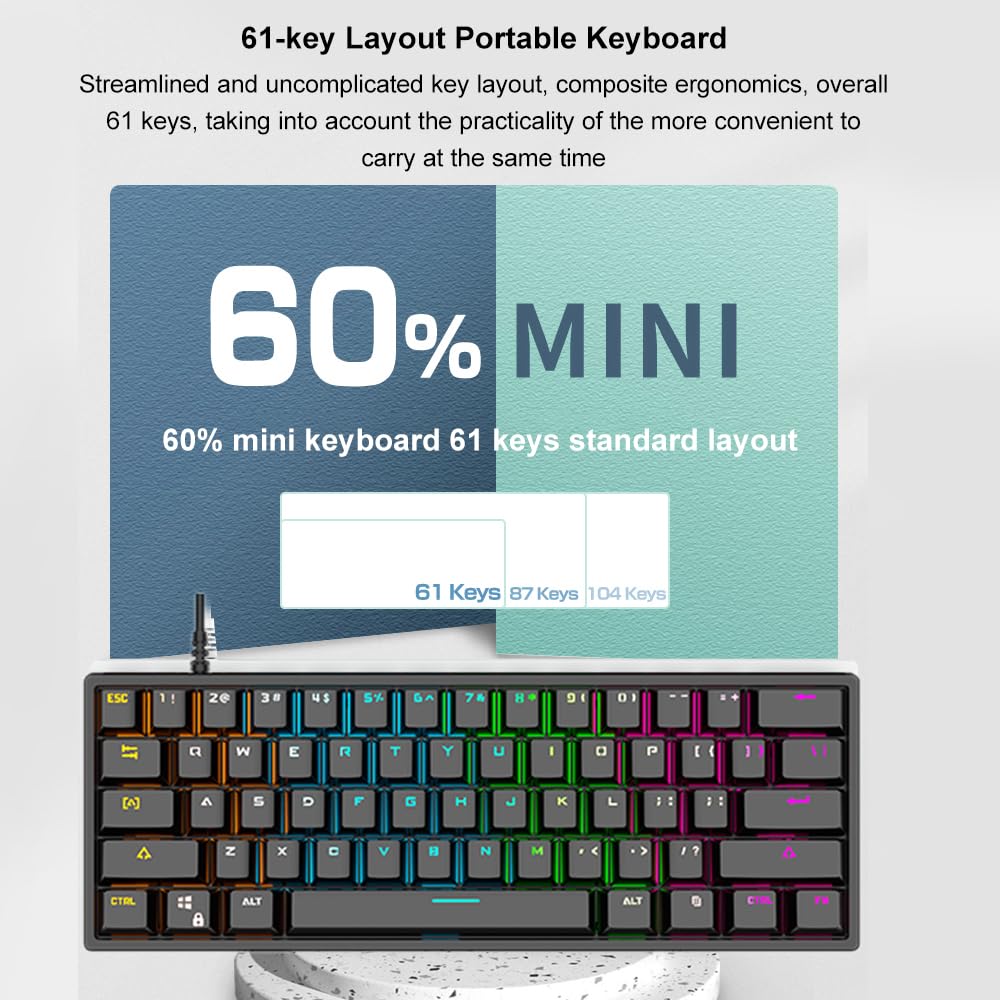 Docooler 61-Key Mechanical Gaming Keyboard with Blue Switches - Durable Compact Design, RGB Backlit, Ergonomic - Perfect for PC Gaming, Office Work & Typing Enthusiasts