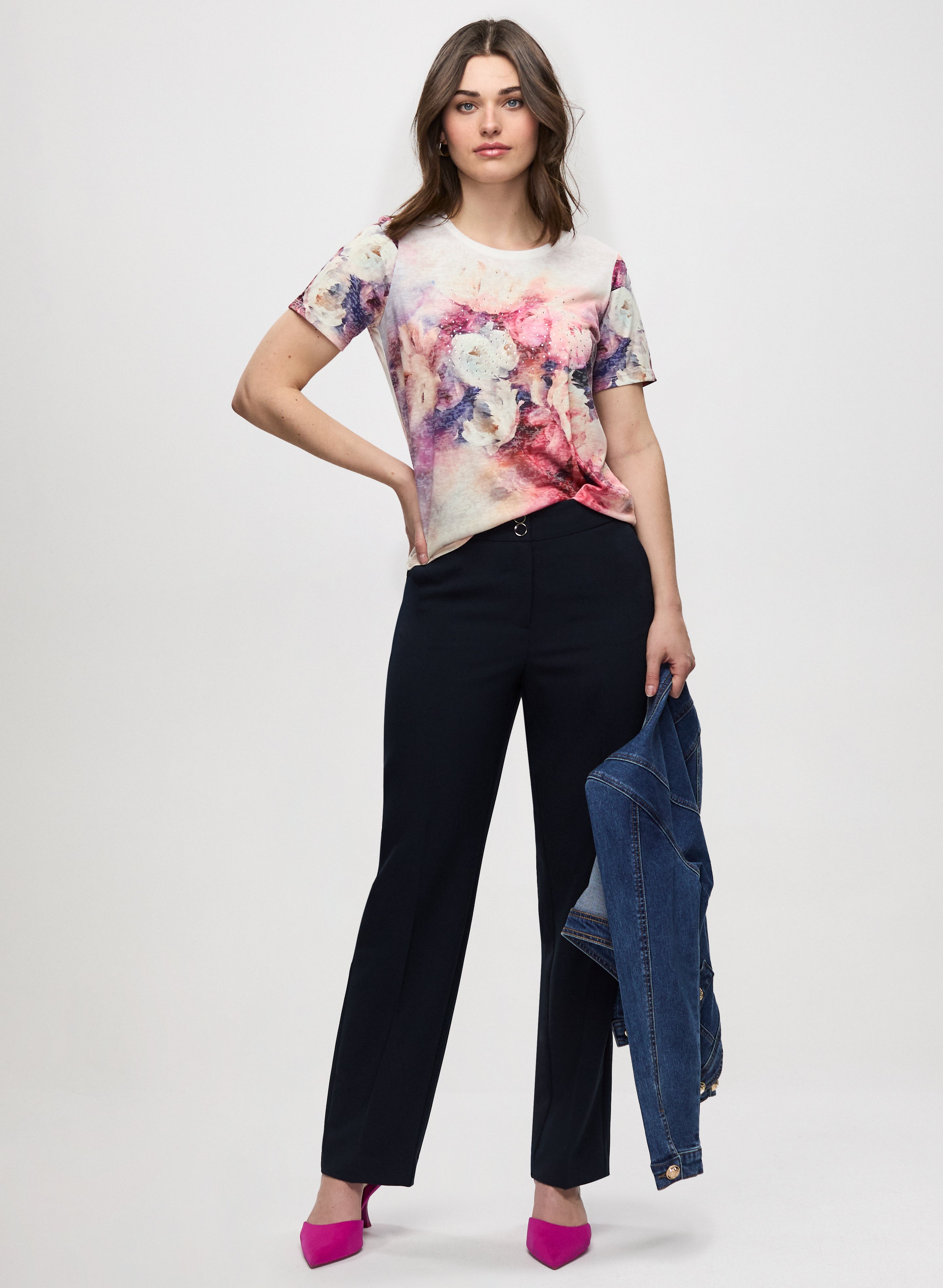 Floral Print Burnout Tee & Modern Fit Straight Leg Pants Set - Women's Casual Outfit for Summer, Beach, and Daily Wear
