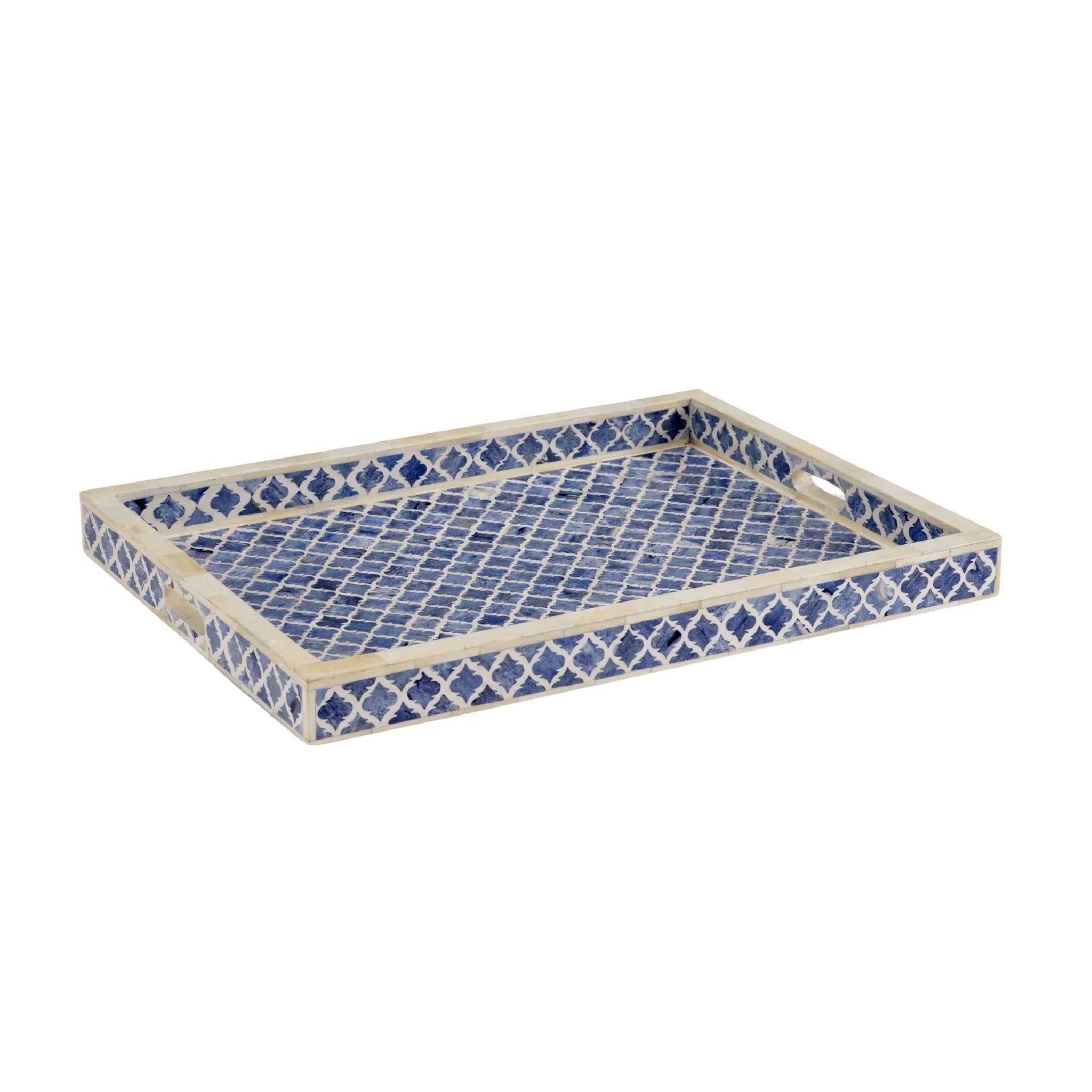 Handmade Blue and White Bone Inlay Tray - Elegant Decorative Serving Tray for Home Decor, Dining, and Gift Giving - Perfect for Coffee Tables, Vanity Organizers, and Wedding Decor