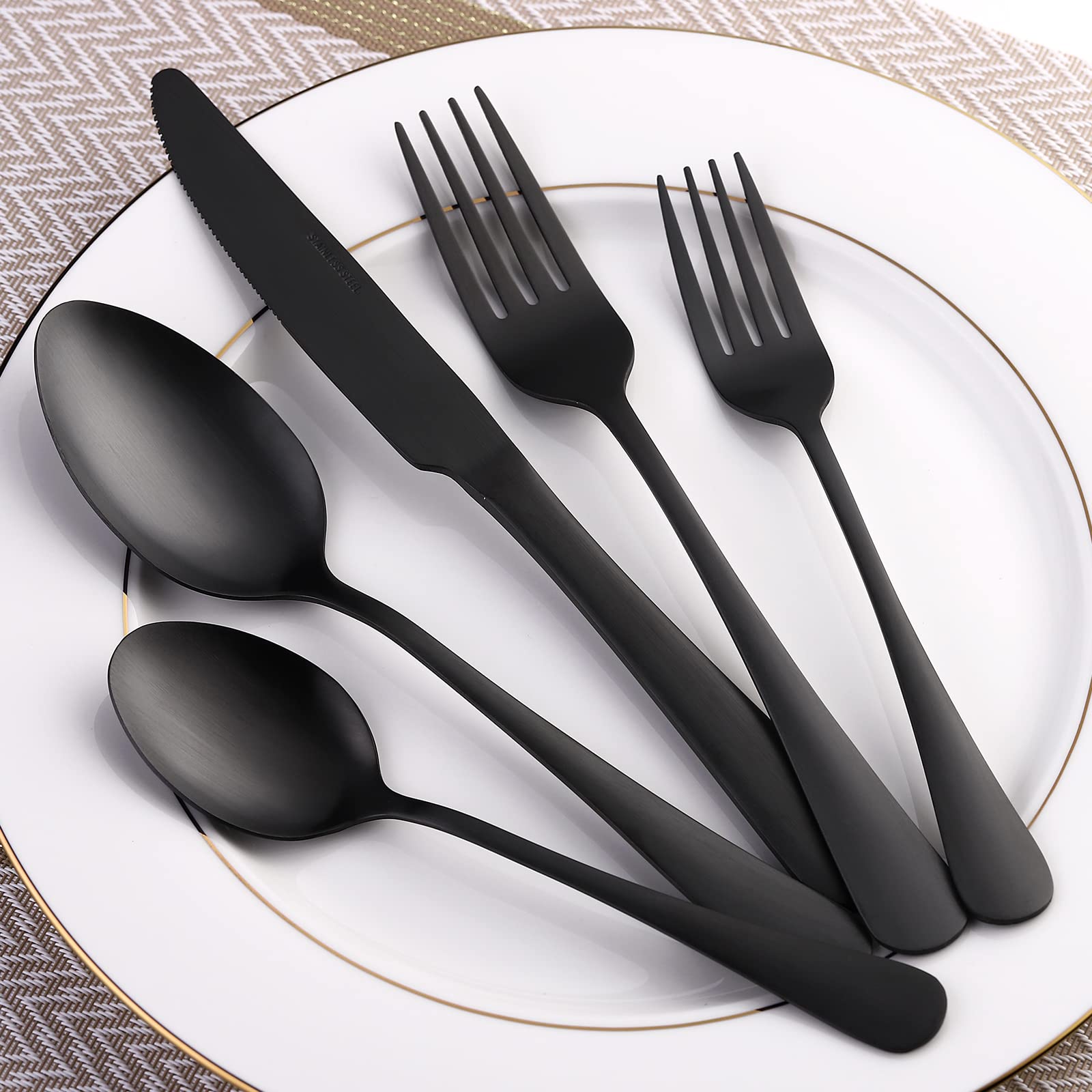Premium 40-Piece Matte Black Flatware Set for 8 - SANLUNS Stainless Steel Silverware Set with Satin Finish - Dishwasher Safe Cutlery Set Includes Dinner Knives, Forks & Spoons - Elegant Tableware for Restaurants, Weddings & Fine Dining at Home