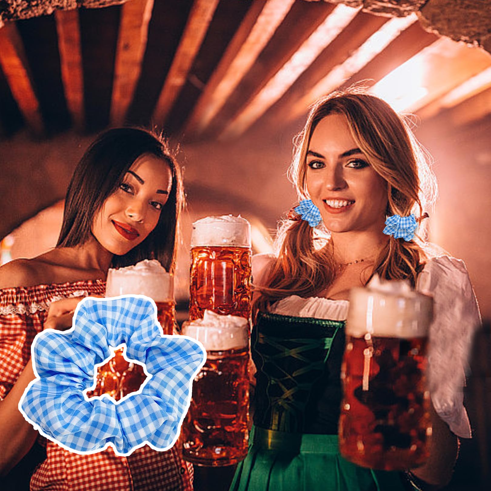 Oktoberfest Hair Scrunchies for Women - 4Pcs Blue White Plaid Satin Hair Ties for Thick & Curly Hair | Elastic Ponytail Holders & Hair Bands | Perfect for Oktoberfest Parties, Daily Wear & Hair Accessories