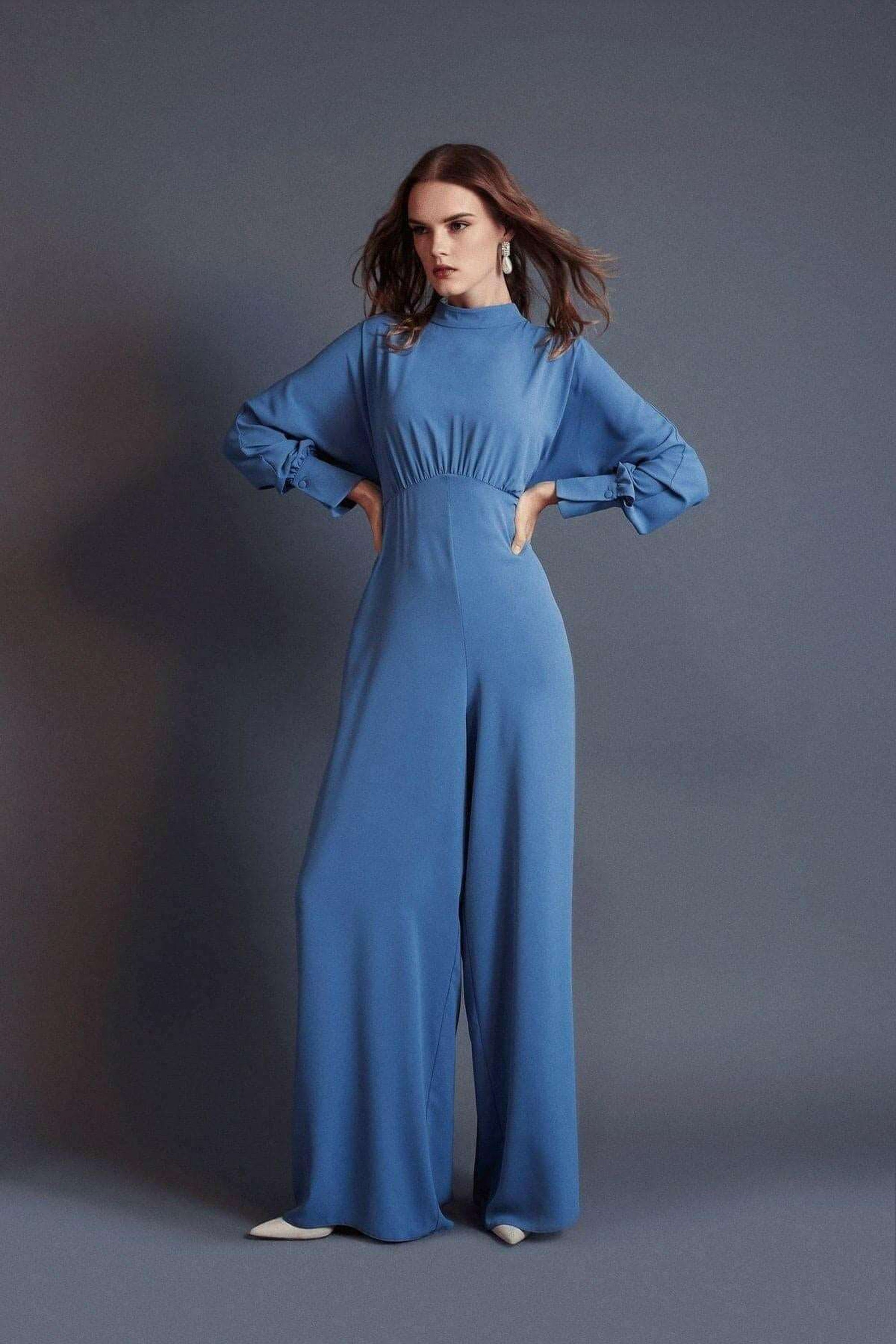 Elegant Draped Lisa Gathered High Waist Jumpsuit in Blue - Modest Romper for Women | Perfect for Casual Outings, Summer Parties & Beach Vacations