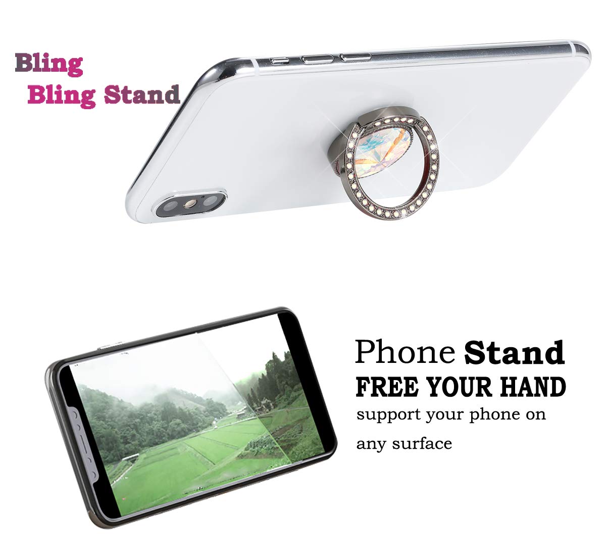 Sparkly Glitter Phone Ring Holder with Rhinestones - Bling Bling Diamond Kickstand Grip for Women - Black Crystal Cell Phone Finger Stand (Perfect for Selfies, Videos & Secure Grip)