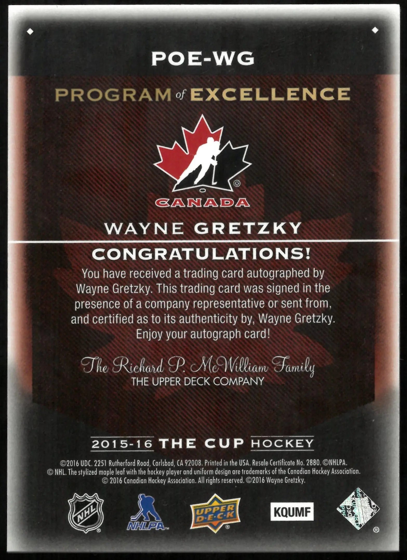 2015-16 Upper Deck The Cup Wayne Gretzky Program of Excellence Autograph 09/10 #POE WG Hockey Card - Rare Collectible for NHL Memorabilia Fans & Sports Card Investors