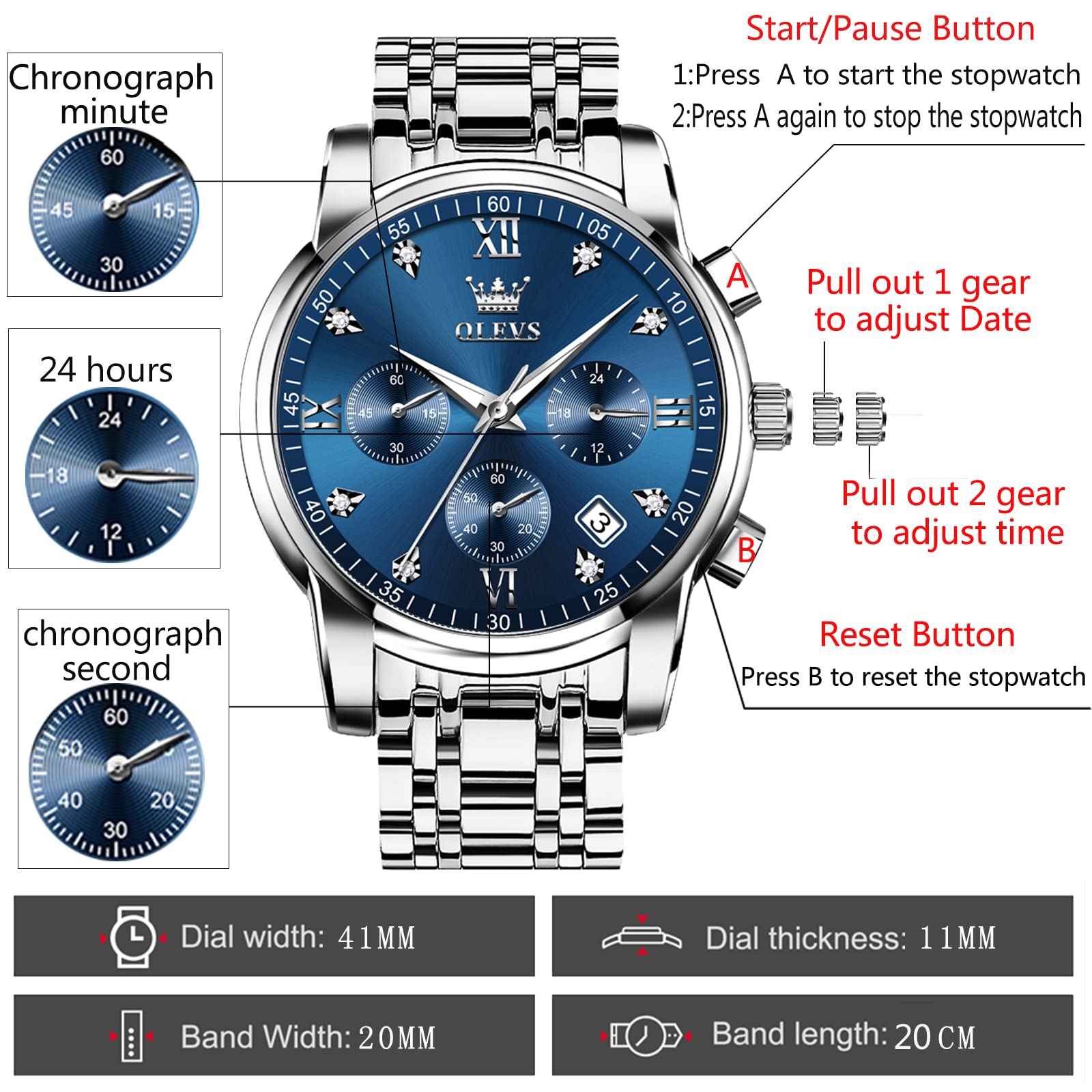 OLEVS Men's Multifunction Stainless Steel Watch - Waterproof Luminous Chronograph with Date Display, Classic Dress Watch for Business, Casual, Outdoor & Formal Occasions