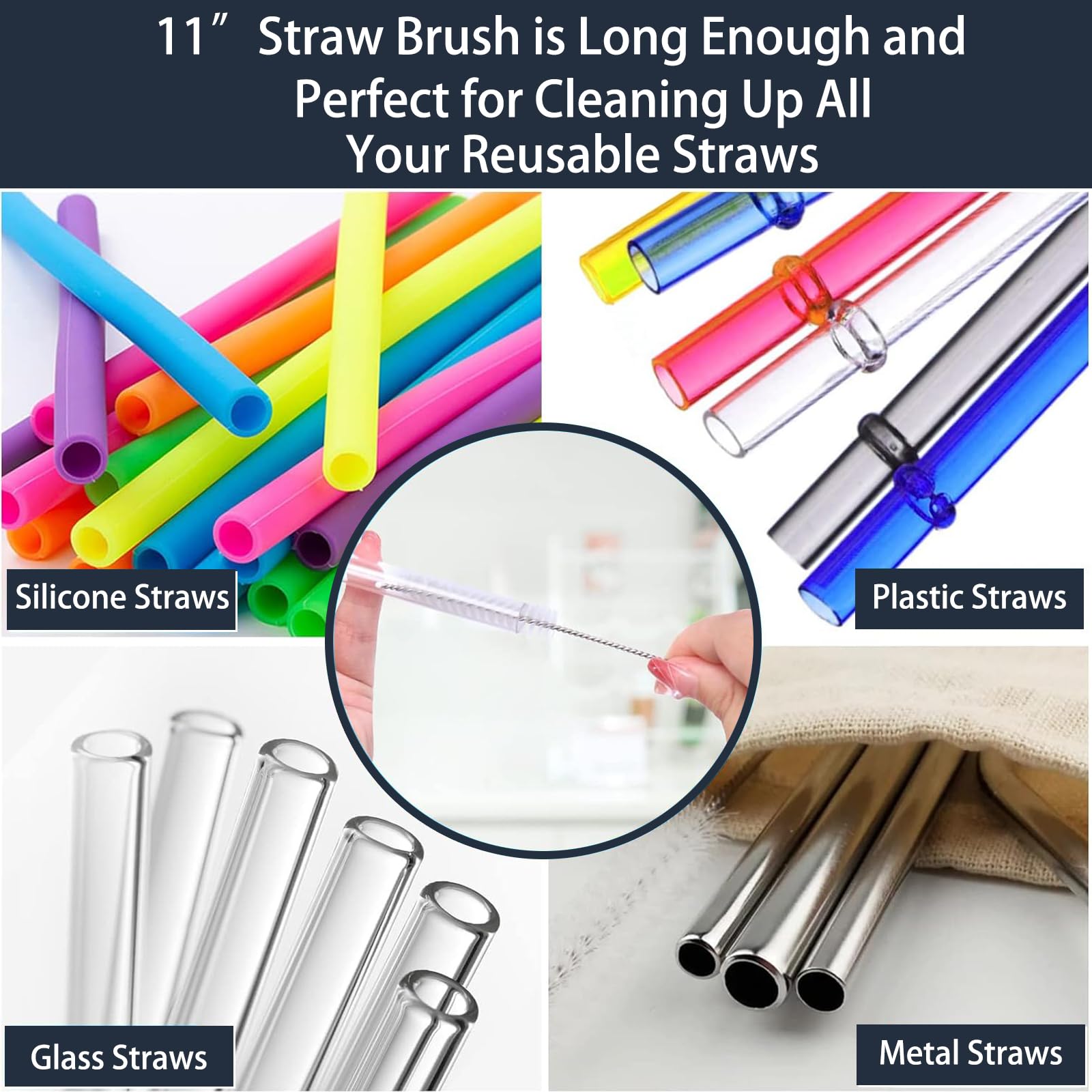 Premium Bottle Cleaning Brush Set - Long Handle Silicone Cleaner Brushes with Thermos Lid Scrubber & 3 Scratch-Free Silicone Brushes + Wire Straw Cleaner | Dishwasher Safe (Gray) | Perfect for Water Bottles, Baby Bottles, Thermos, Travel Mugs & Reusable Straws