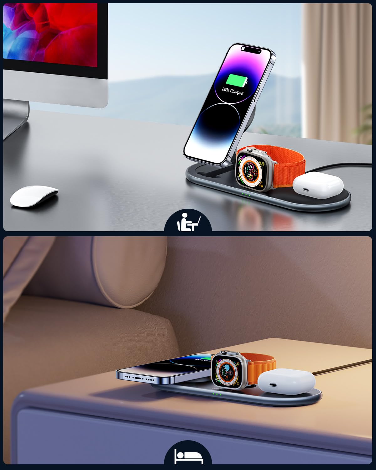 3-in-1 Magnetic Wireless Charging Station for iPhone 15/14/13/12 Series, Apple Watch & AirPods - Foldable Magsafe Charger Stand with Fast Charging | Perfect for Home, Office & Travel (Black)