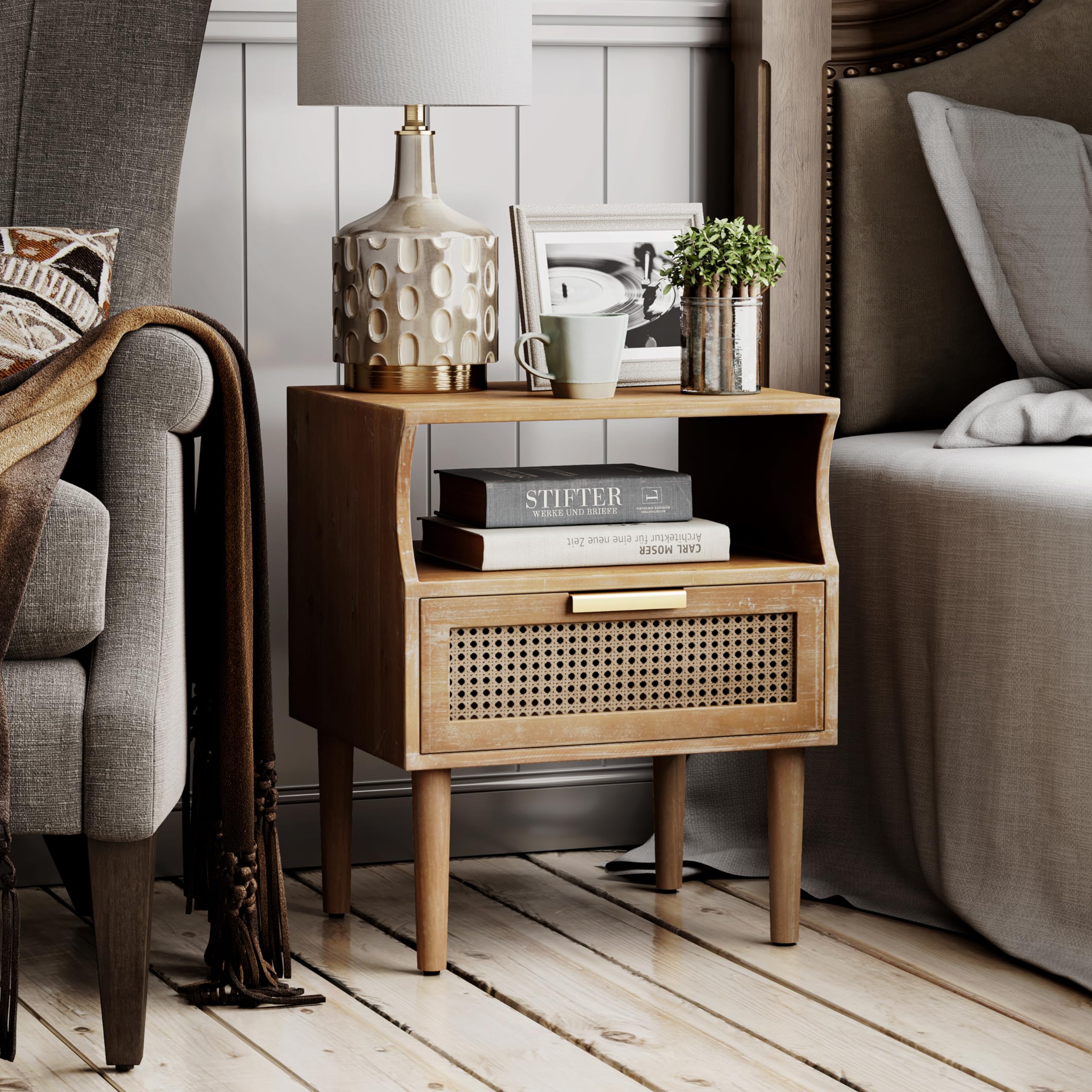 Rustic Farmhouse Nightstand with Woven Fronts - Industrial Accent End Table with Storage for Bedroom & Living Room - Perfect for Farmhouse Decor, Small Space Storage, and Cozy Bedside Organization