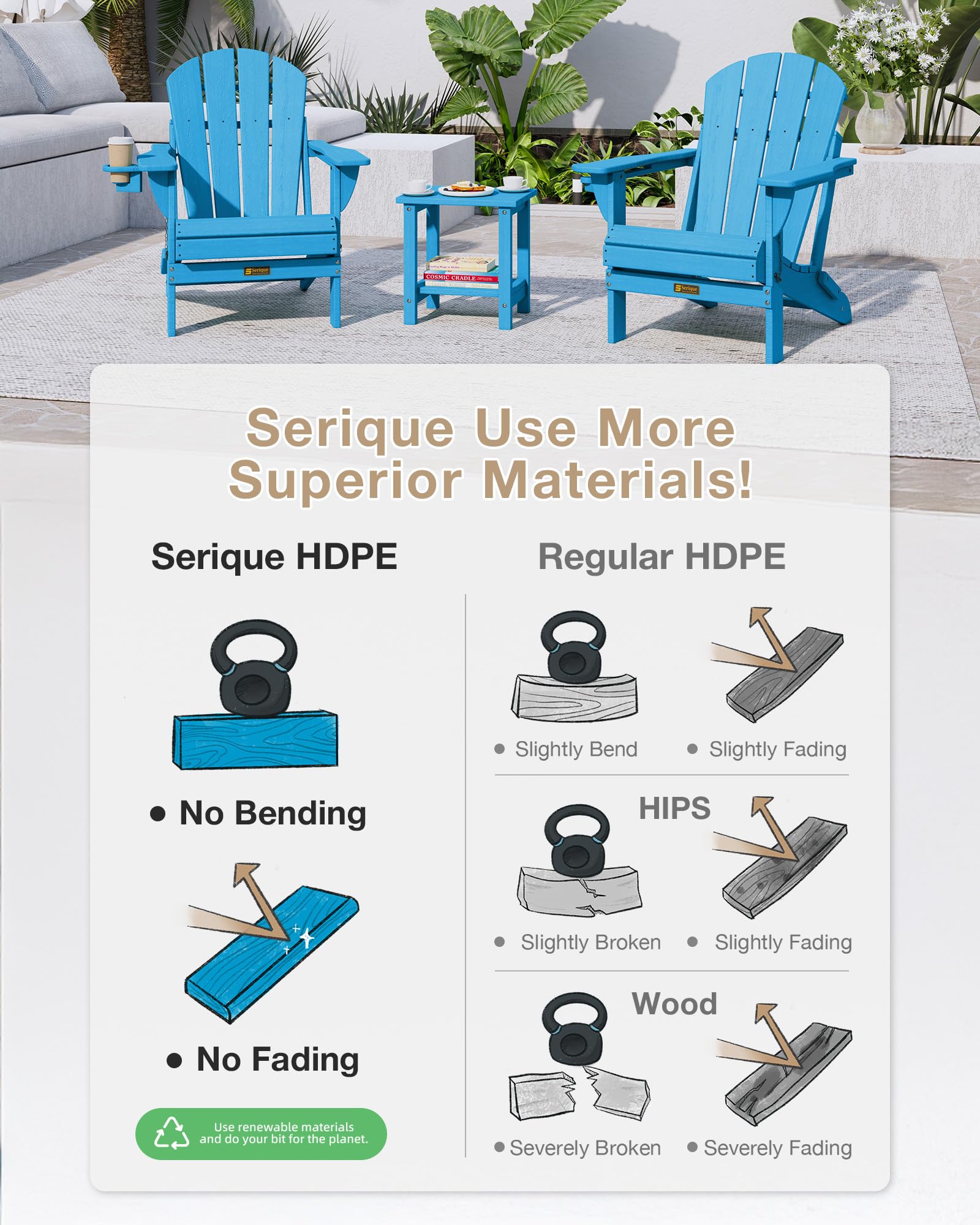 **Weather-Resistant Folding Adirondack Chair with Cup Holder - Wood Texture Patio Chair for Deck, Porch, Backyard & Garden - Perfect for Fire Pit Gatherings & Outdoor Relaxation (Pacific Blue)**