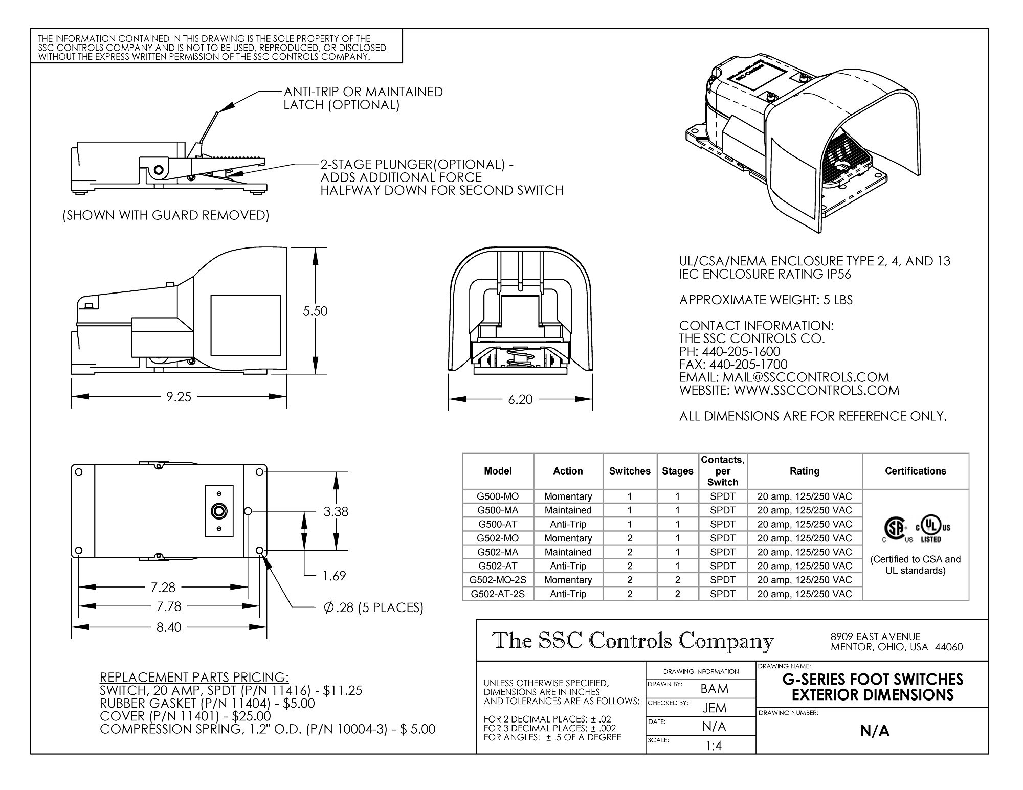 Heavy Duty G500-MO Foot Switch - Industrial Grade Momentary Action Single Pedal Electrical Switch, UL & CSA Certified, Made in USA, Replaces 531-SWH & 531-SWHOX, 20 Amp SPDT - Perfect for Machinery, Medical Equipment & Industrial Control Panels