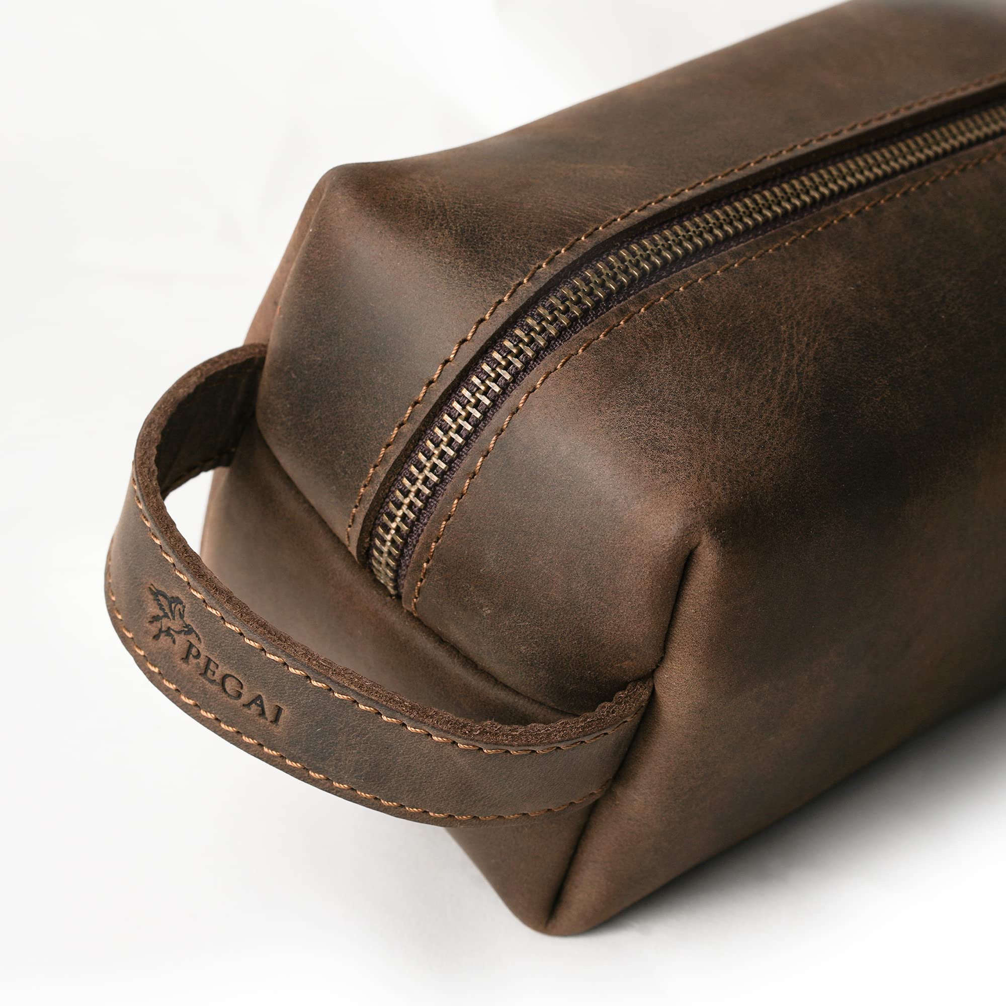 Premium PEGAI Leather Travel Toiletry Bag for Men | Handmade Top Grain Distressed Dopp Kit, Mens Shaving Kit & Grooming Organizer - Chestnut Brown | Ideal for Business Trips, Camping & Weekend Getaways