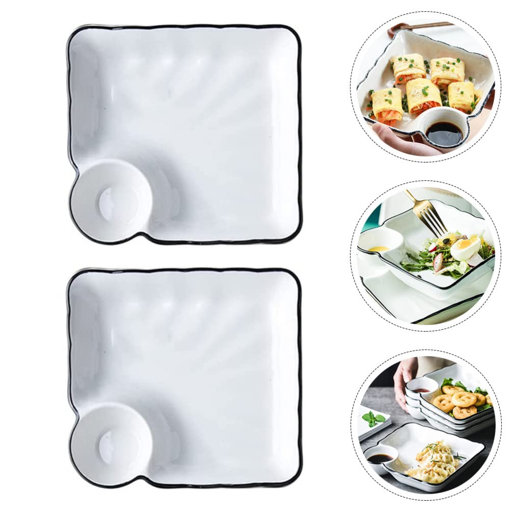 2-Piece Chip and Dip Serving Platter Set - Divided Party Trays with Snack Bowls for Entertaining, Wine & Dine Appetizer Plates - Reusable Dumpling Plate with Sauce Holder - Perfect for Buffet Parties, Game Nights & Family Gatherings (7.27x6.8 Inches)