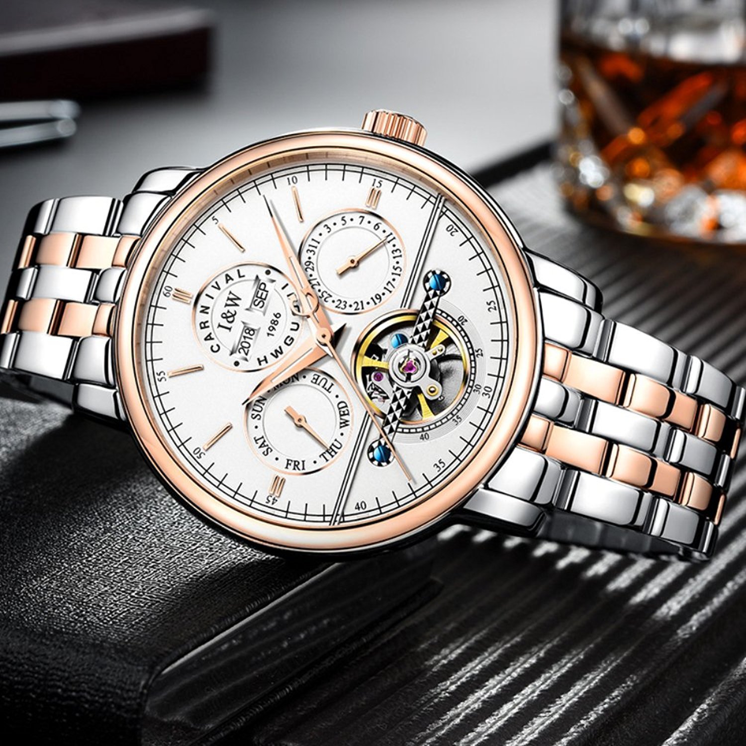Carlien Men's Automatic Tourbillon Watch - Luminous Stainless Steel Mechanical Timepiece with Waterproof & Multifunction Features | Perfect for Business, Formal Events & Outdoor Activities