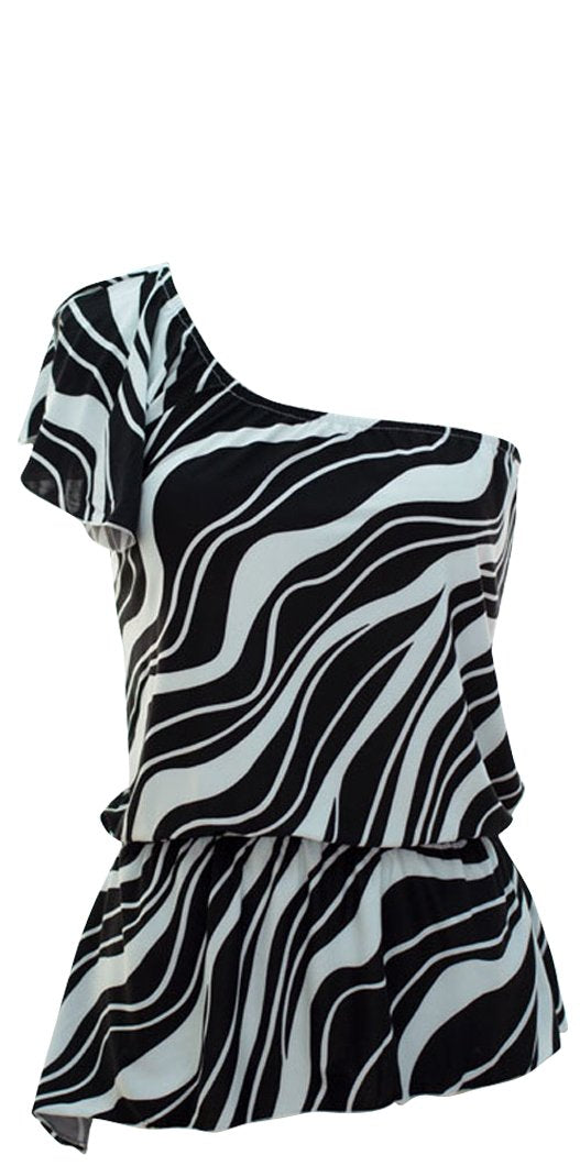 Women's Stylish Wave Print One Shoulder Top with Shirred Waist - Perfect for Beach Vacations, Summer Parties & Casual Outings