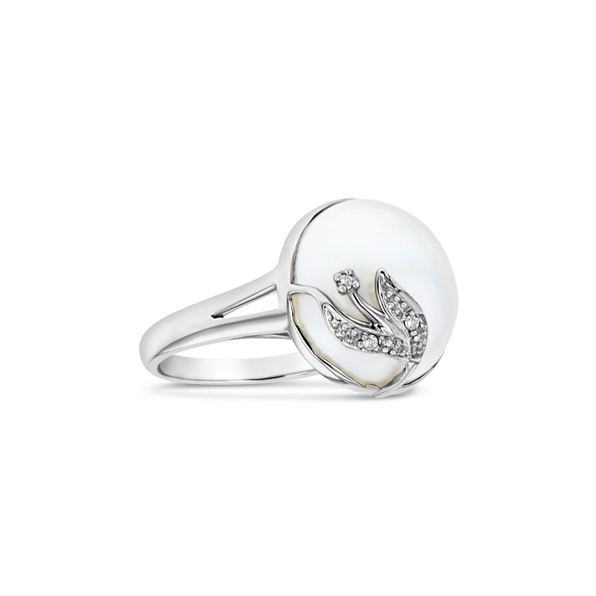 14K Gold 13mm & 14MM Mabe Pearl Ring with Diamond Tulip Design - Elegant Wedding, Anniversary & Special Occasion Jewelry Gift for Women