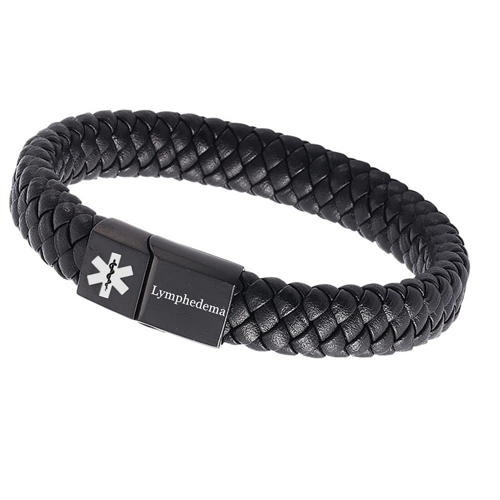 Custom Medical Alert Bracelet for Men & Women - Personalized Leather Lymphedema ID Wristband with Emergency Info - Black (Ideal for Travel, Outdoor Activities & Health Safety)