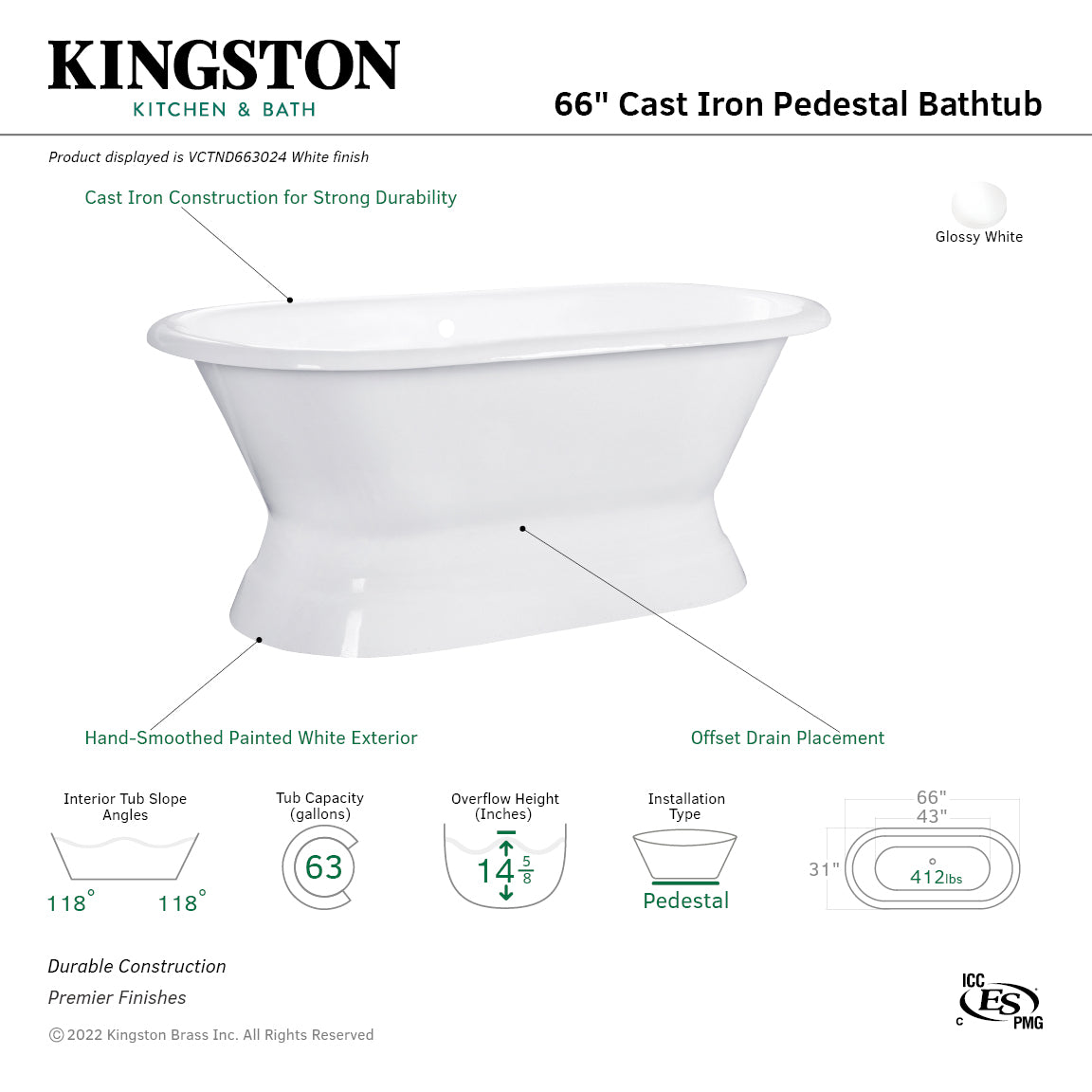 Aqua Eden 66 Inch White Cast Iron Oval Double Ended Pedestal Bathtub - No Faucet Drillings | Freestanding Soaking Tub for Luxury Bathroom & Spa Relaxation
