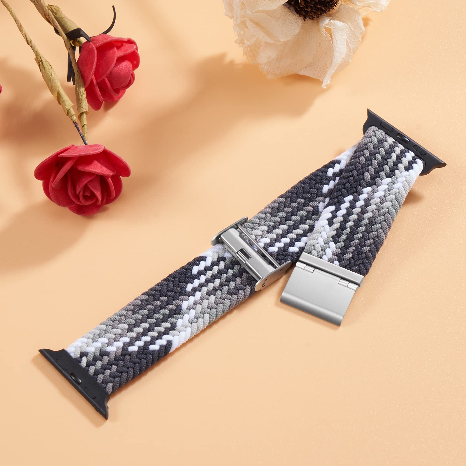 Braided Nylon Apple Watch Bands for Series 9/8/7/6/5/4/3/2/SE/Ultra/Ultra 2 - Adjustable Breathable Strap (38mm/40mm/41mm/42mm/44mm/45mm/49mm) for Women & Men - Perfect for Workouts, Running & Everyday Wear