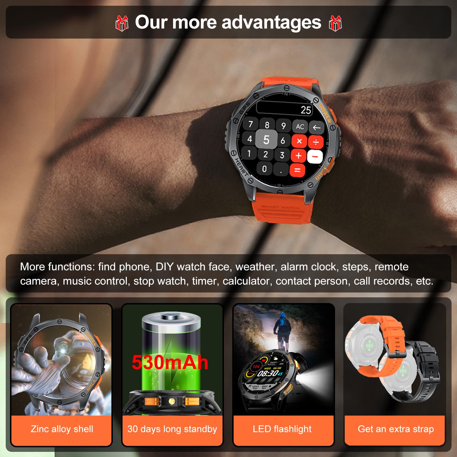 Military Smart Watch for Men - Built-in GPS, 170+ Sport Modes, AMOLED Display with Flashlight | Compatible with Android & iPhone | Bluetooth Calling, Altimeter, Barometer | Perfect for Outdoor Activities, Hiking & Fitness Tracking