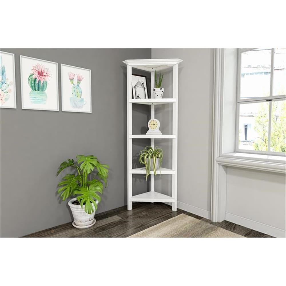 NewRidge Home 5-Tier Corner Bookshelf - White Wooden Bookcase for Living Room, Bedroom & Office - Space-Saving Storage Solution for Books, Decor & Essentials