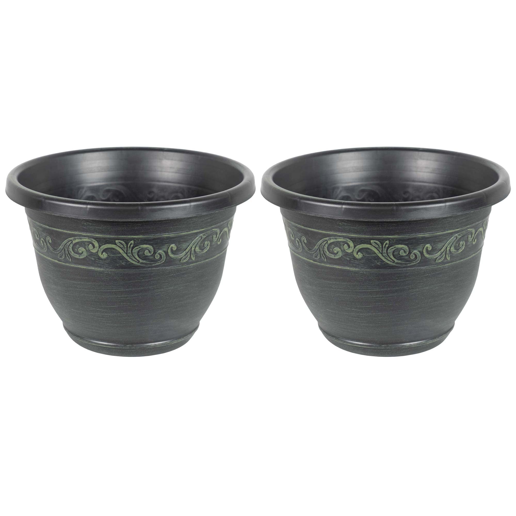 13-Inch Green Plastic Tulip Banded Round Flower Pot Planter - Indoor/Outdoor Garden Decor (Pack of 2) - Perfect for Patio, Balcony & Home Decor