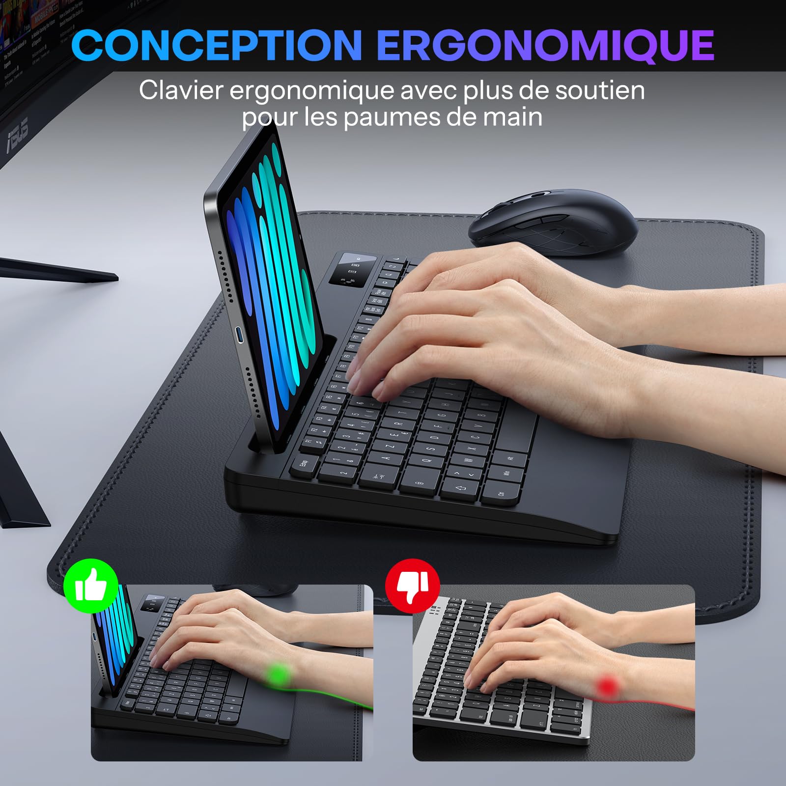OMOTON Wireless Keyboard & Mouse Set, 2.4G AZERTY, Silent Ergonomic for PC - Home & Office Use