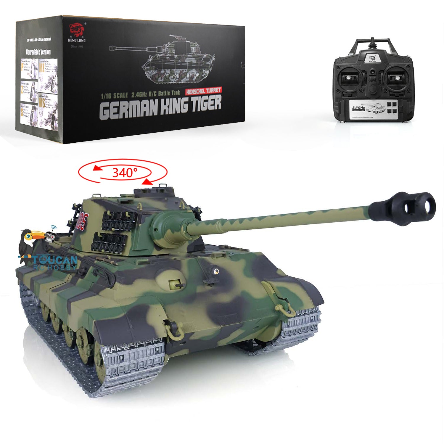 2.4Ghz Henglong 1:16 Scale German King Tiger RTR RC Tank - 3888A Model with Metal Tracks, 340° Rotating Turret & Steel Gearbox | US Stock | Battle Simulation & Collectible Display