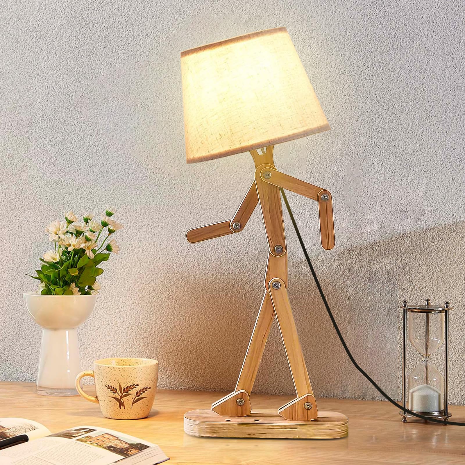 Adjustable Wooden Desk Lamp with Swing Arm - Cute Nightstand Light for Bedroom, Living Room, Office & Dorm - E12 Bulb Compatible - Perfect for Reading, Studying & Bedside Lighting