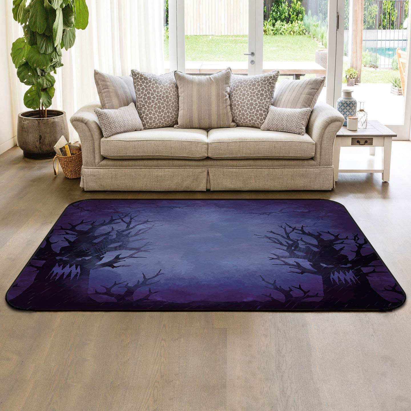 Non-Slip 5'x8' Forest Print Area Rug - Washable Soft Carpet for Bedroom, Living Room, Nursery & Kids Room Decor in Purple Mist | Perfect for Cozy Home, Playroom & Baby Safety
