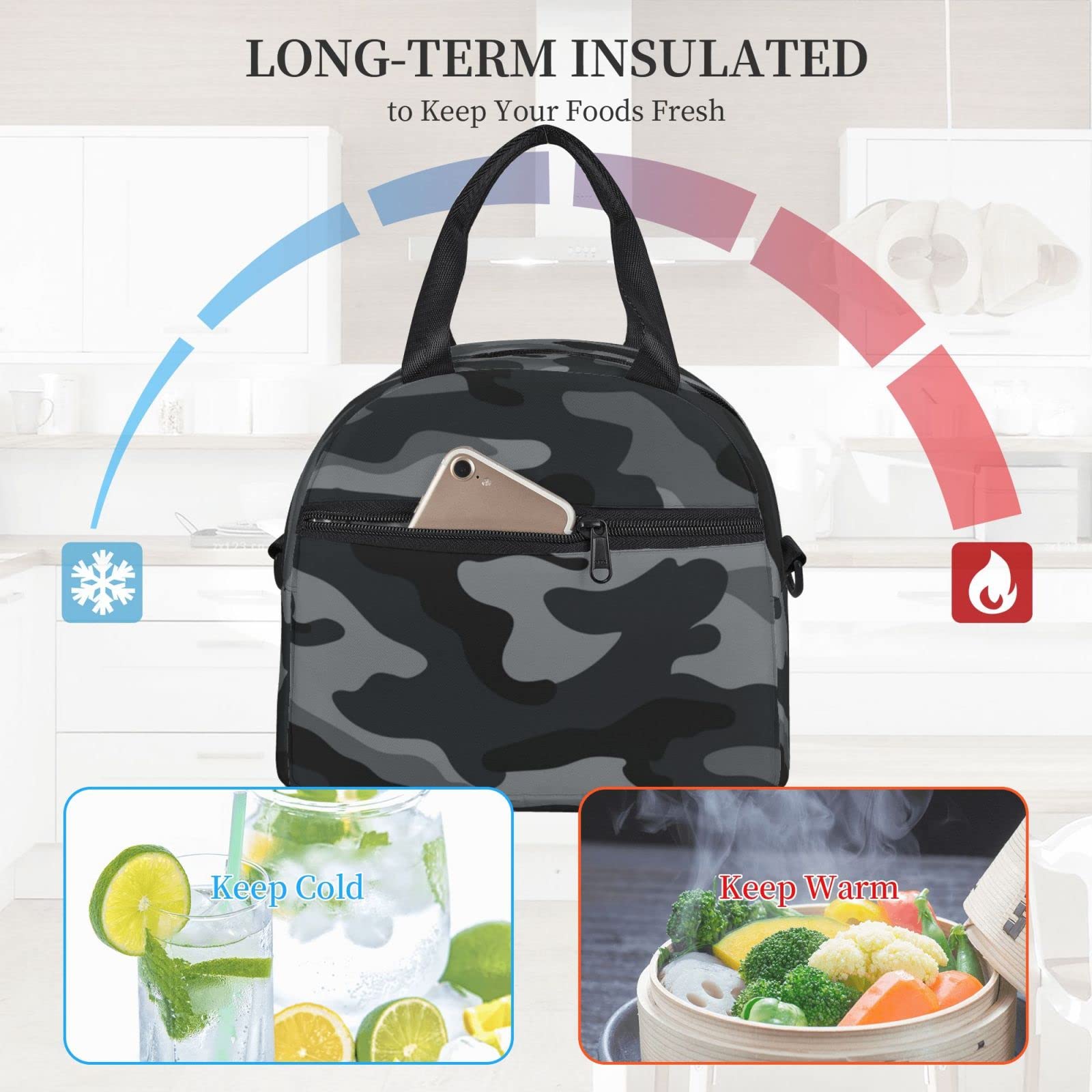 Military Camo Insulated Lunch Bag - Reusable Black Lunch Tote with Adjustable Shoulder Strap for Office, School, Picnic & Travel - Perfect for Work, Outdoor Adventures & Daily Commutes