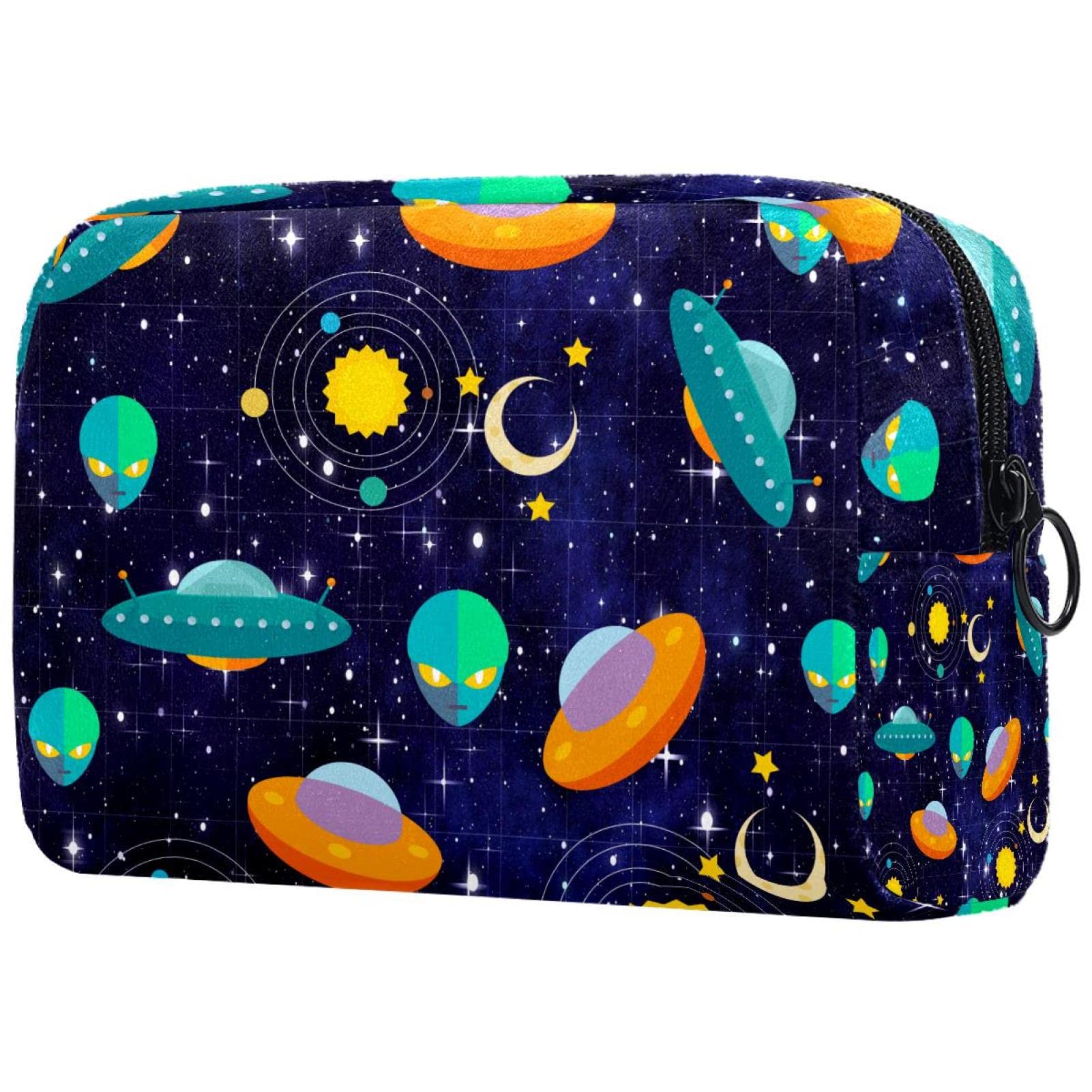 Cute Small Makeup Bag for Women - Travel Cosmetic Pouch with Spaceship & Alien Planet Print - Perfect for Daily Essentials & Weekend Getaways
