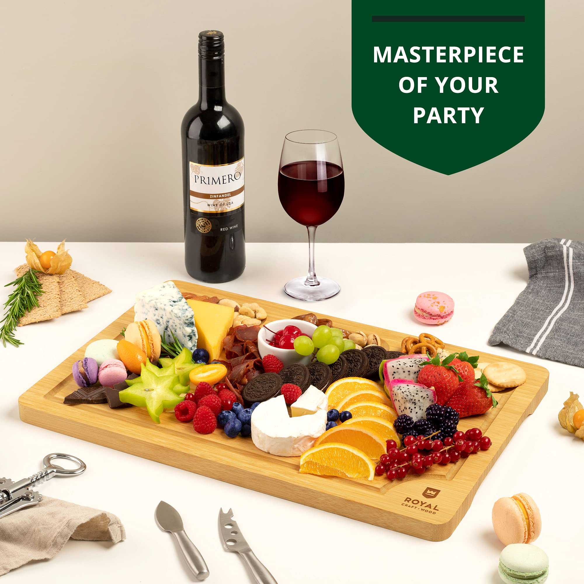 Premium Extra Large Wooden Charcuterie Board Set - Natural Bamboo Cheese & Meat Serving Tray with Handles - Perfect for Entertaining, Housewarming Gifts, Dinner Parties, Wine & Cheese Nights - Appetizer Platter for Charcuterie, Cheese, Fruits & Crackers
