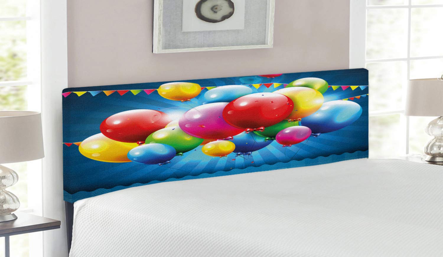 Ambesonne Queen Size Upholstered Metal Headboard with Memory Foam - Vibrant Balloon & Party Flag Design on Blue Backdrop - Perfect for Birthday Decorations & Bedroom Makeovers
