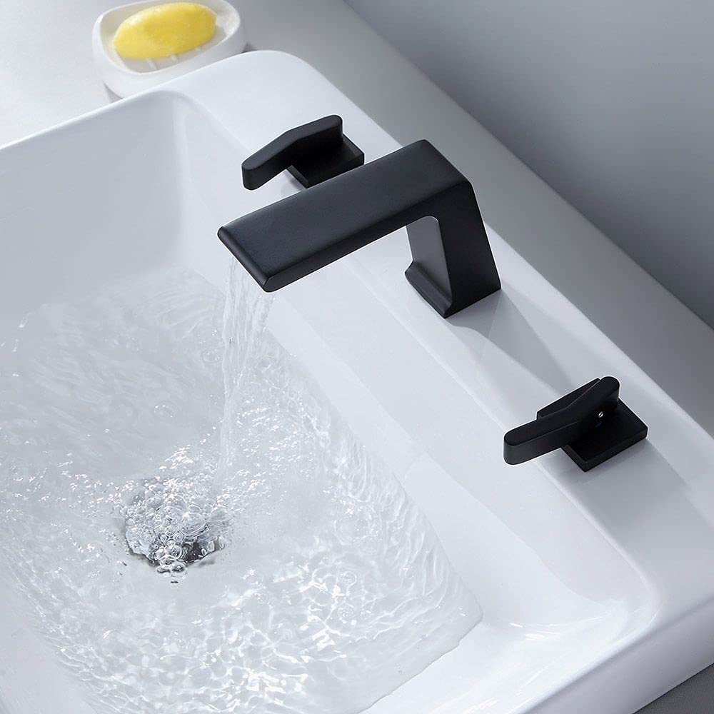 Matte Black Waterfall Widespread Bathroom Sink Faucet - Contemporary 3 Hole Double Handle Solid Brass Bathroom Faucet for Vanity Sink - Perfect for Modern Home, Hotel, and Luxury Bathroom Renovation